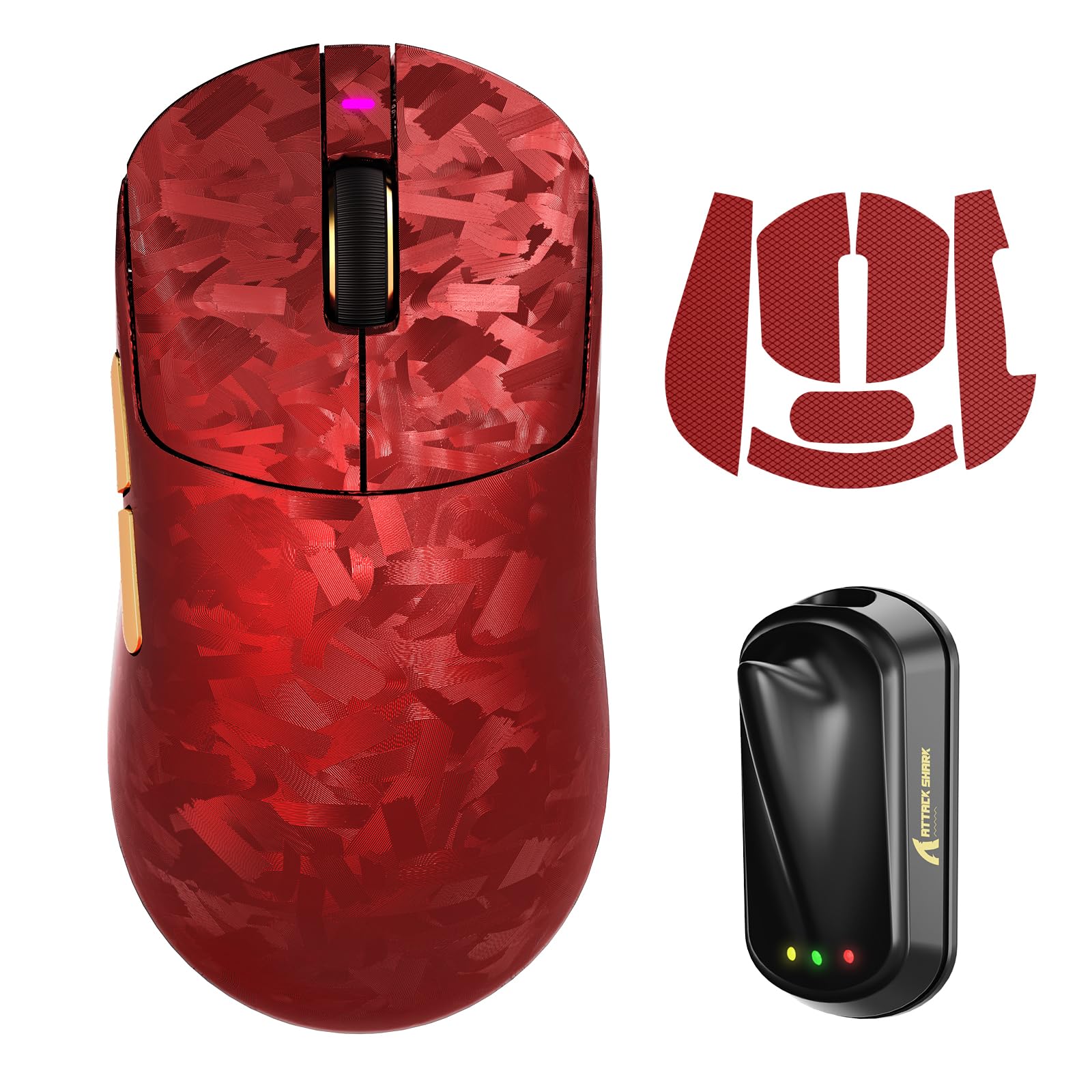 MAMBASNAKE ATTACK SHARK RS3 ULTRA Carbon Fiber Wireless Gaming Mouse, Nordic 54L15 MCU, PAW3955MAX Sensor, Up to 52000 DPI, 66g Lightweight, Dual 8000Hz, Shark-fin Dongle Design, for PC/MAC/PS, Red