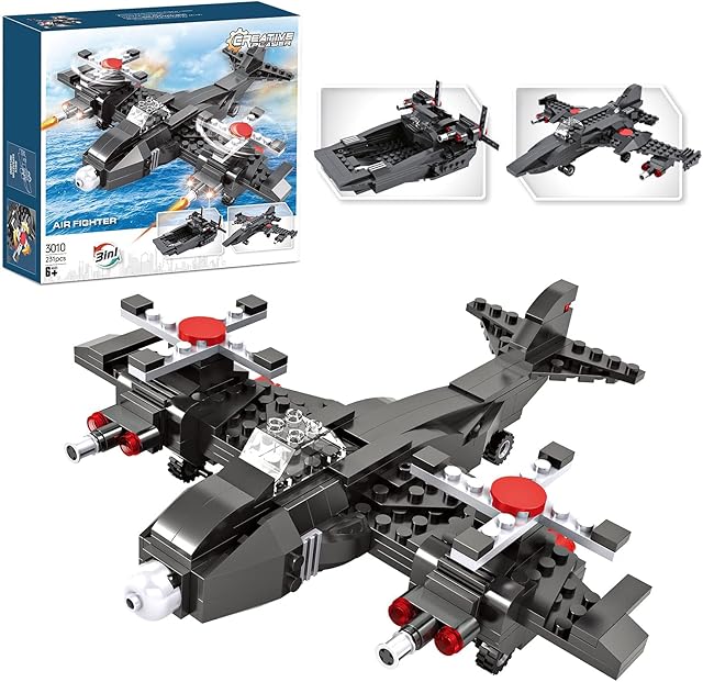 3in1 Creator Fighter Jet, Army Plane Building Kit Military War Airplane Gunship Aeroplane Building Toys Battle Warship Play Set Gift for Kids Aged 6-12, 231 Pieces