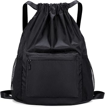 Drawstring Backpack Gym Bag Swim Bag Camp Bags, Black | Waterproof Oxford Fabric, 14 x 7 x 18.5 In, Front Zip Pocket, 2 Mesh Side Pockets, For Gym, Swim, Soccer, Basketball