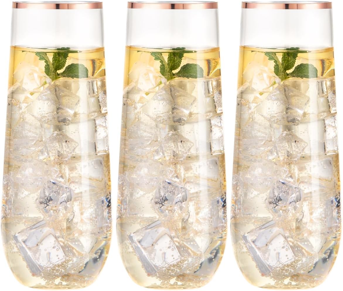 SUT 36 PCS Stemless Plastic Champagne Flutes, 9 Oz Rose Gold Rim Clear Plastic Toasting Glasses Shatterproof Cocktail Cups Mimosa Cups Stemless Glass Plastic Glasses Disposable for Wedding Parties
