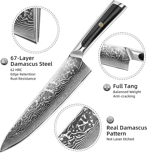 Miniatura 45 de Sunnecko Cuchillo de cocina de Damasco de 8 pulgadas para cortar carne, cuchillo japonés VG10 de acero, espiga completa