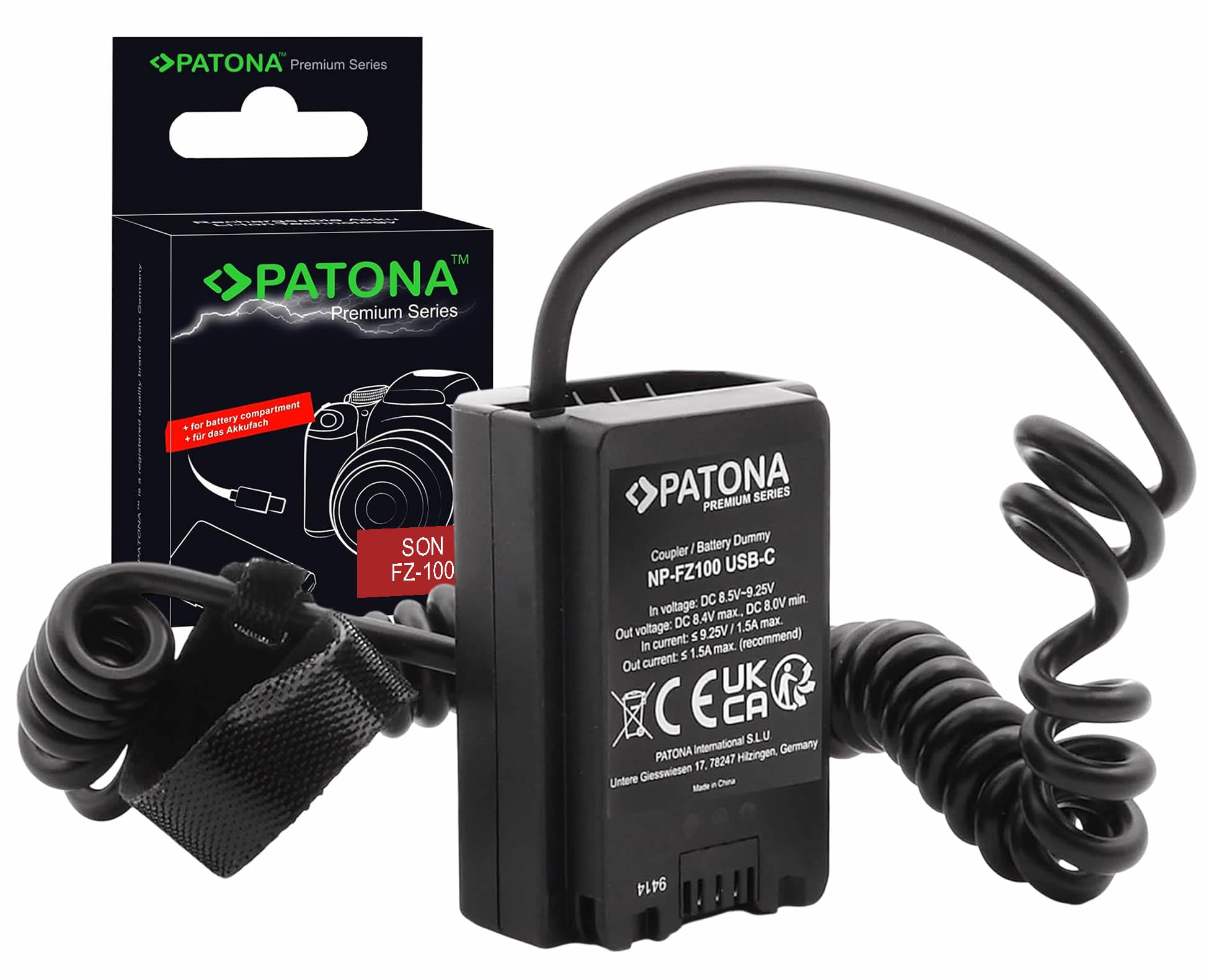 PATONA NP-FZ100 - Adattatore di alimentazione USB-C a corrente continua per Sony Alpha A7 III IV, A7R III IV, A7C, A9, A1, FX3, A6600 A6700, invece di batteria tramite USB-C