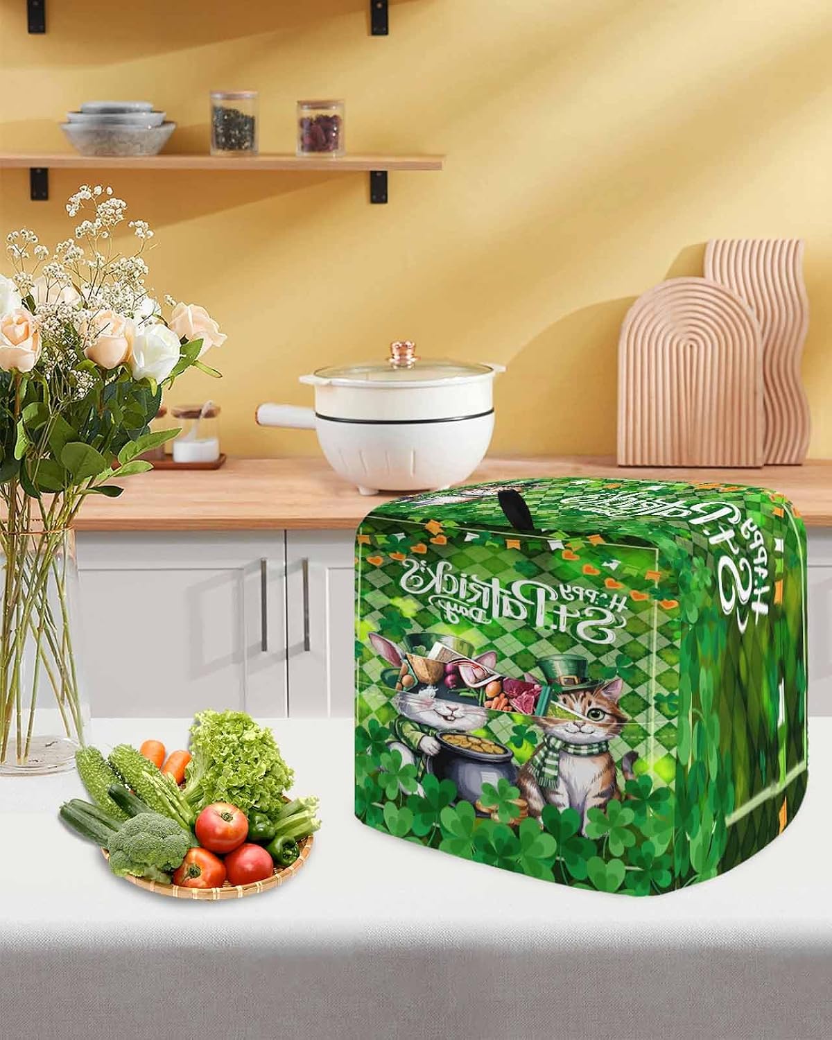 St. Patrick's Day Stand Mixer Cover with Storage Pocket, Waterproof Kitchen Mixer Covers, Spring Shamrock Cute Animals Green Plaid Kitchen Appliance Dust Cover Compatible with 4/4.5 Quart Mixers