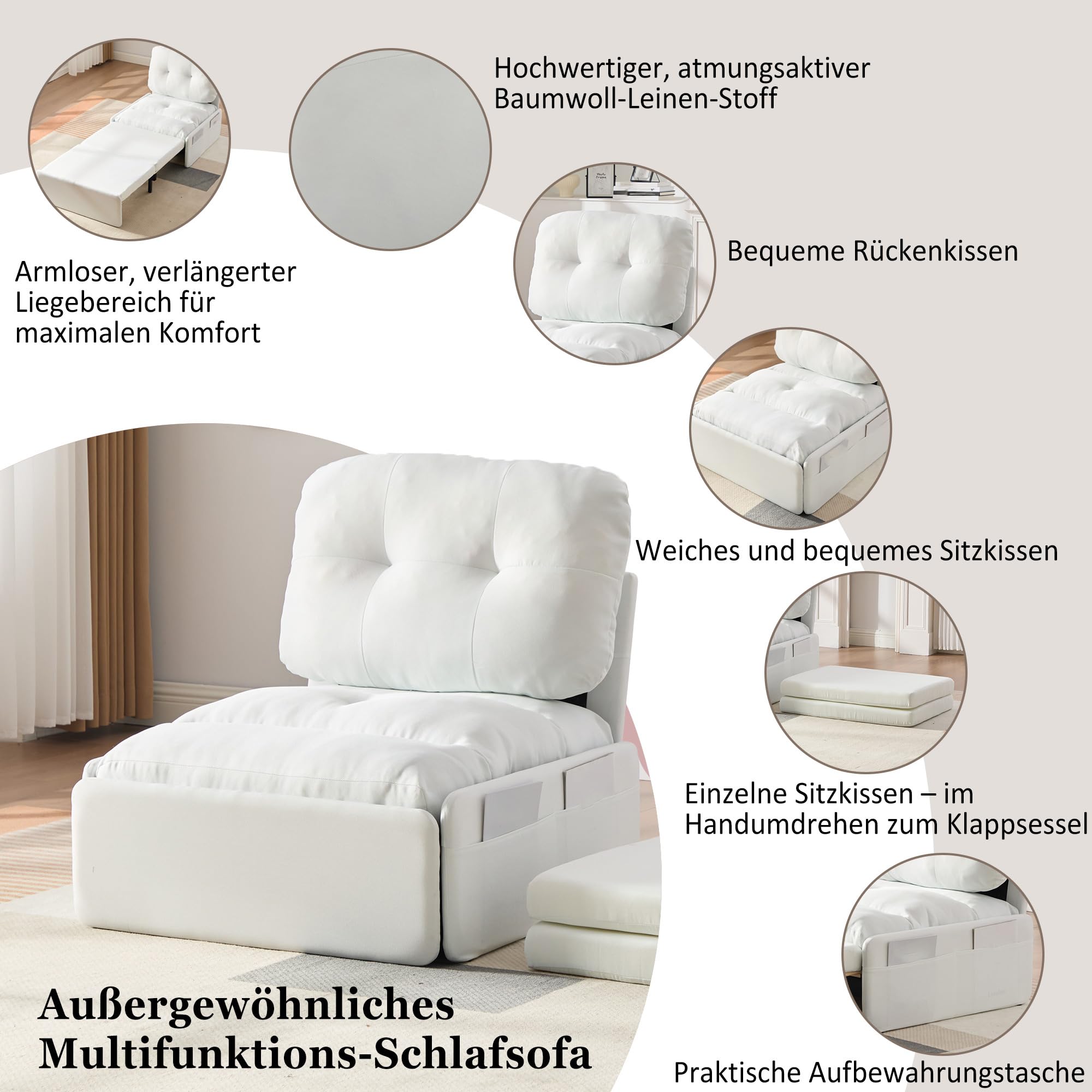 Fotel 1-osobowy z funkcją spania bez podłokietników Rozkładana sofa z funkcją łóżka, sofa z funkcją spania, pościel z lnu, ładowność 136 kg, łóżko dla gości, fotel jednoosobowy do salonu
