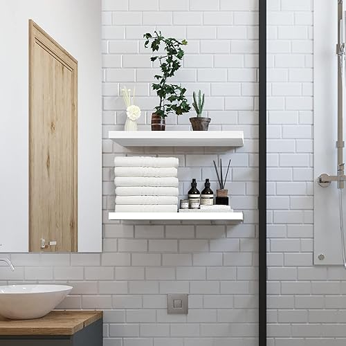 Miniatura 10 de SAUMONIERES Estantes flotantes de madera maciza para baño, dormitorio, cocina, decoración de pared, juego de 3, estantes de pared negros