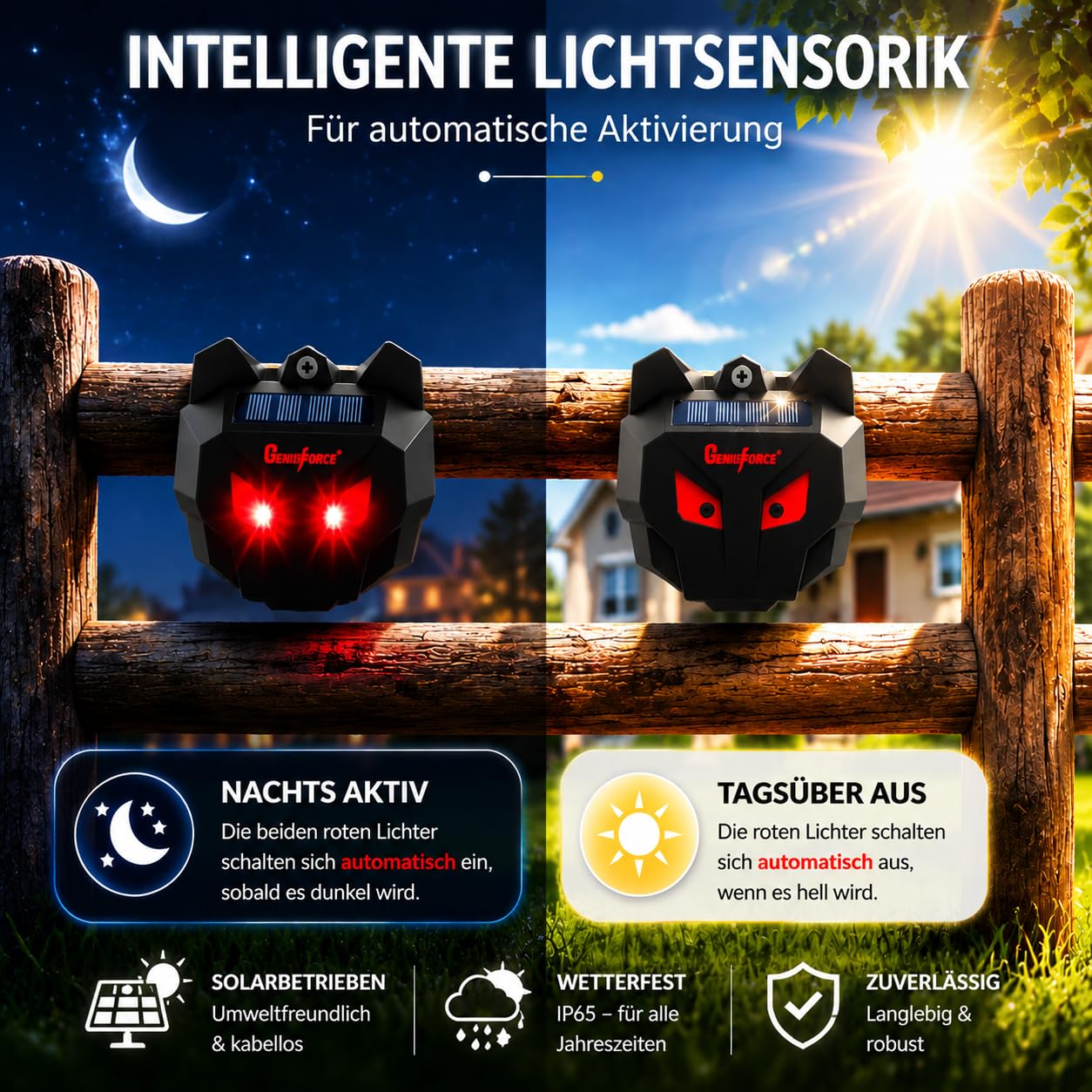 Genieforce® solarny odstraszacz zwierząt z czerwonymi diodami LED, odstraszacz zwierząt, przeciwko dzikim zwierzętom, drapieżnikom, kunom, lisom, szopom praczom, zasilaniu energią słoneczną na