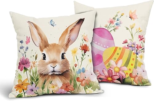 Fundas de almohada de Pascua de 18 x 18 pulgadas, fundas de almohada de conejo de Pascua, fundas de almohada decorativas de conejo floral de