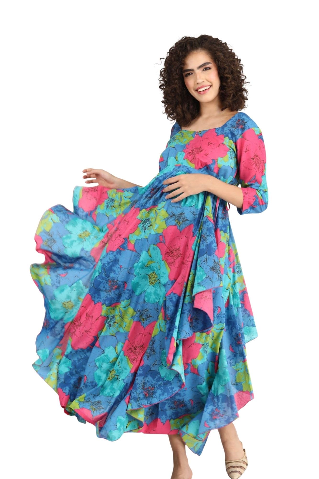 Dazzling Blue Maternity & Nursing Flow Dress for Women-image-6