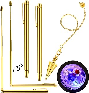 4 Pcs Ghost Hunting Dowsing Rods Copper Set Pen Shaped Gold Spirit Rods Water Divining Rods with Paranormal Dowsing Pendulum LED Light up Cat Ball for Ghost Hunting Party Detect Gold Water Treasure
