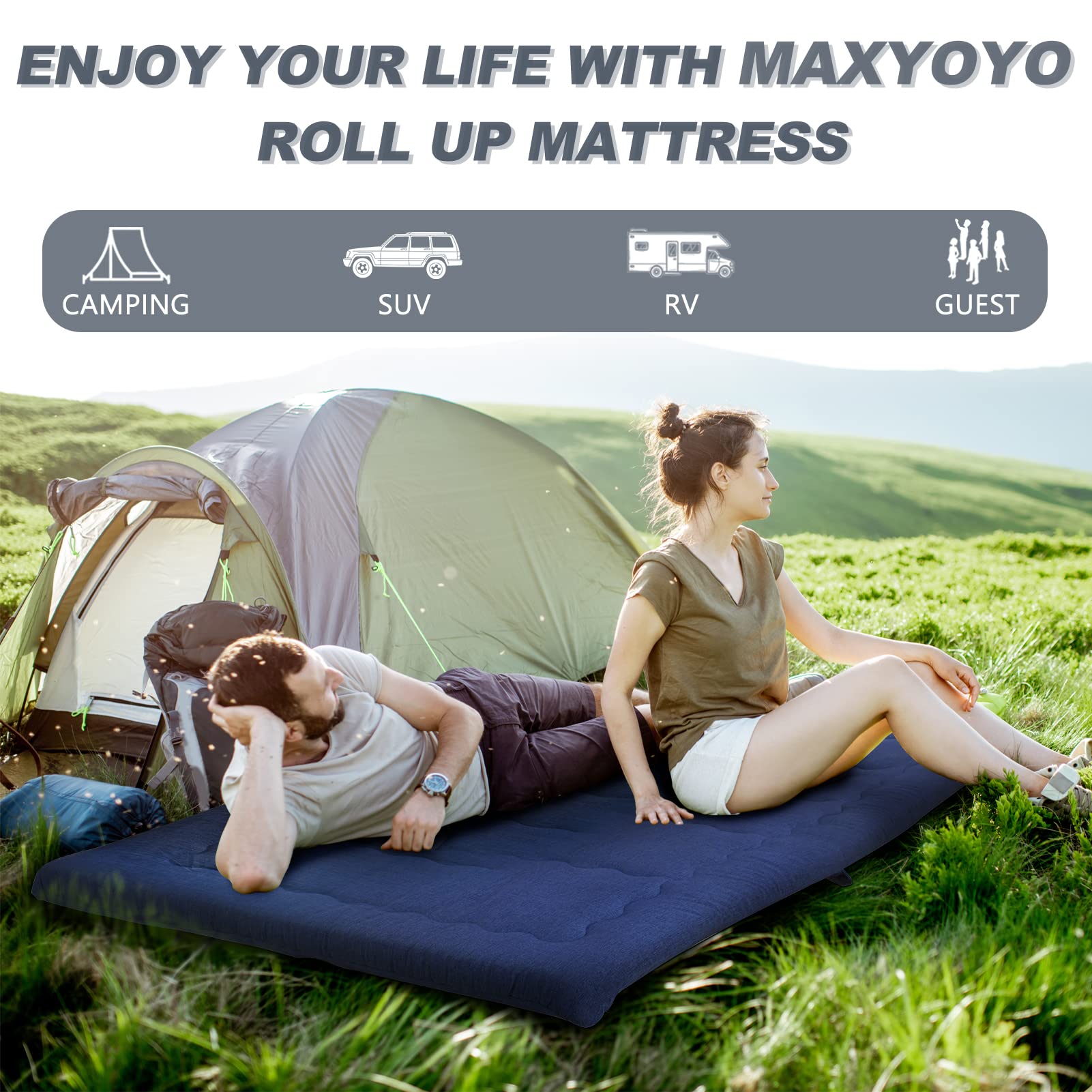 MAXYOYO Materasso futon pieghevole portatile, in tessuto ipoallergenico e memory foam, con manico e cerniera, per interni ed esterni, campeggio, auto, ospiti