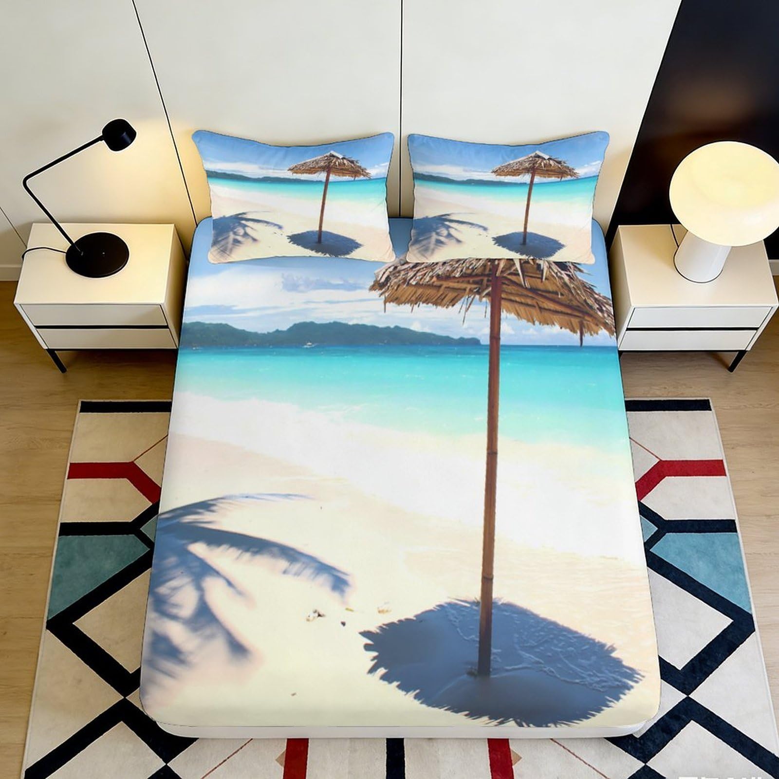 3D Printed Beach Umbrella Fitted Sheet Microfiber Soft Breathable Seaside Landscape Mattress Cover for Bedroom Guest Room Decor 90x200x25cm