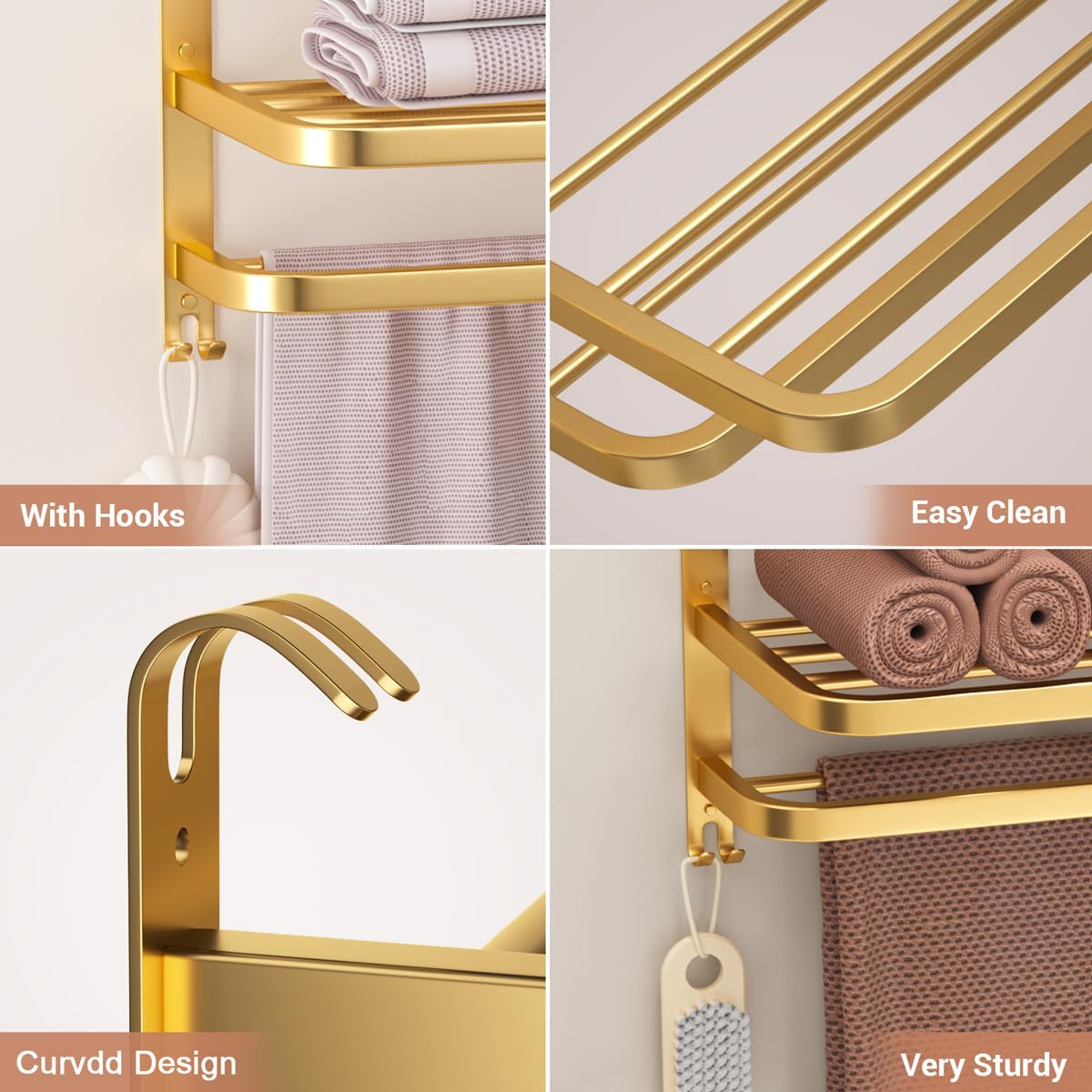 3-stöckige goldene Handtuchhalter für Badezimmer mit Handtuchstangen Mehrschichtiges Hotel Handtuchregal Edelstahl Wandmontage Gebürstete Oberfläche Halter mit Handtuchregalen 58.4 cm