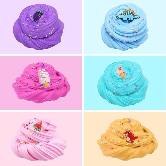 6 Pack Fluffy Butter Slime Kit, Include 6 Pack Cute Mini Charms, DIY Butter Slime Party Gift,Super Soft and Non-Sticky, Stress Relief Toy for Girls and Boys