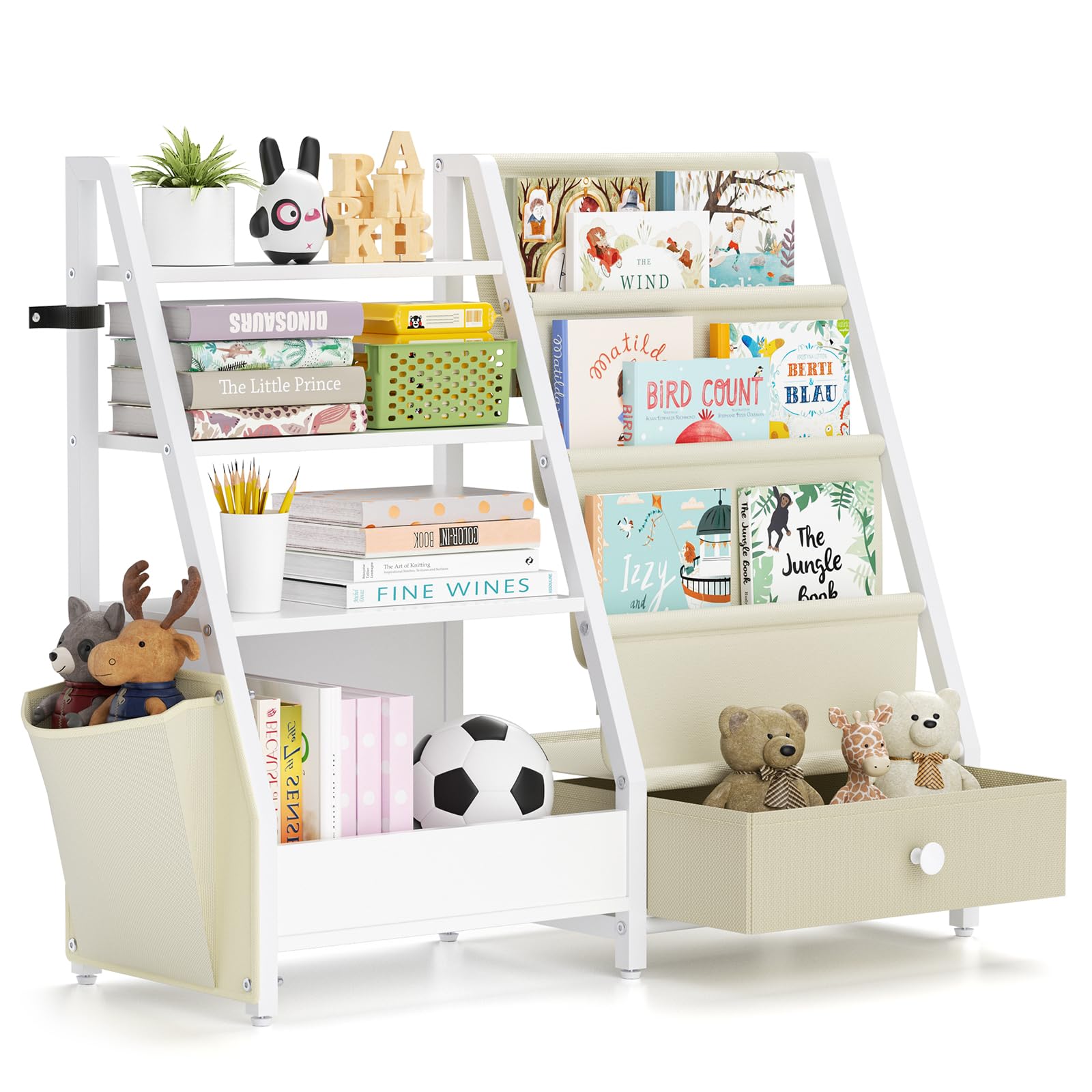 BugyKido Kids Bookshelf and Toy Storage, 3-Tier Wooden Bookcase with Drawer and Side Pocket, Toddler Book Shelf Kids Room Organizer Cabinet, for Bedroom Playroom, Classroom