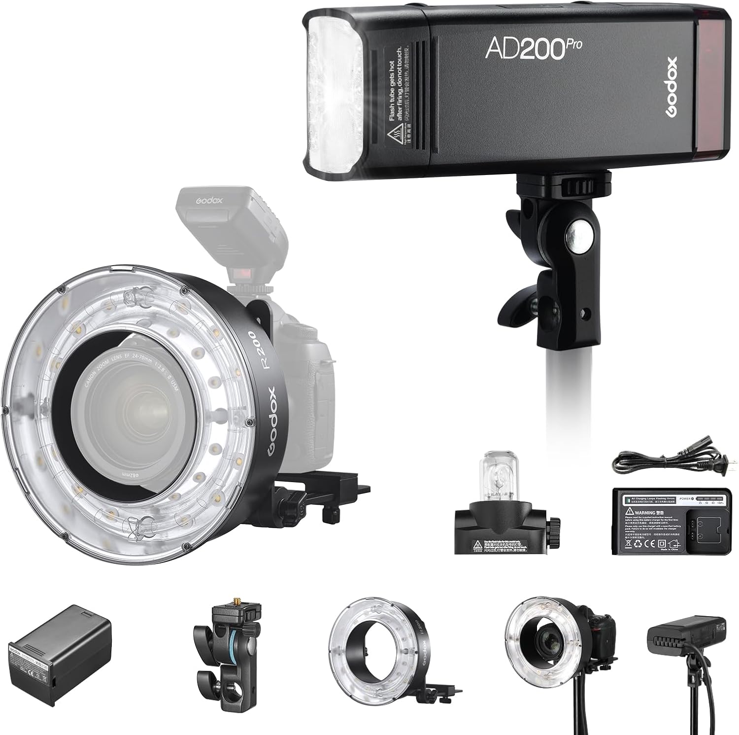 GODOX [AD200PRO 2025 Updated Version] with GODOX R200 Ring Flash AD200Pro 200Ws 1/8000 HSS Flash Strobe with R200 Ring Flash Head,2900mAh Battery,2.4G 500 Full Power Flashes, 0.01-1.8s Recycling,