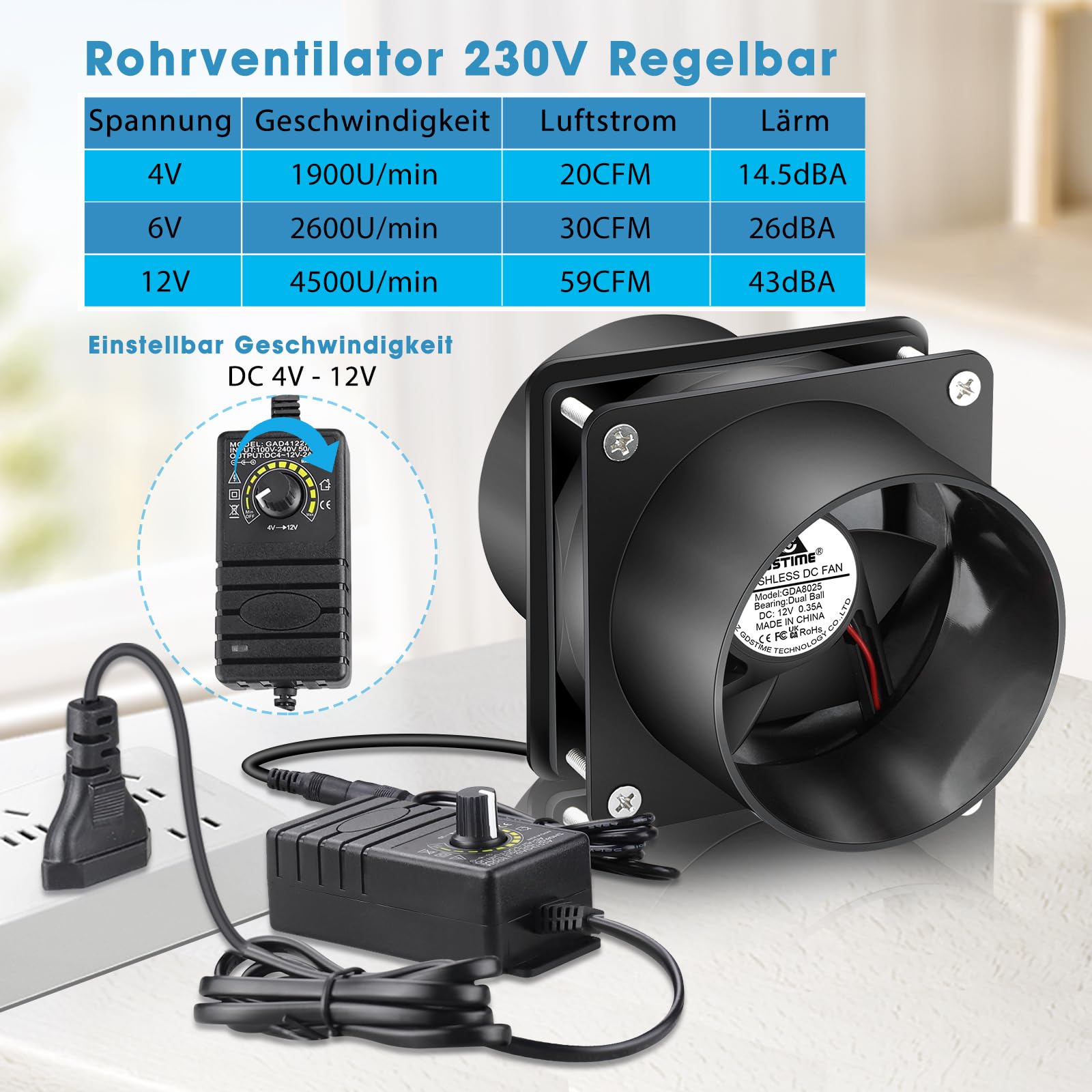 GDSTIME Ventilatore assiale 80 mm 12 V DC Ventilatore di condotta 80 mm x 25 mm 12 V con cuscinetto a sfere 4500 giri/min con regolatore di velocità per PC