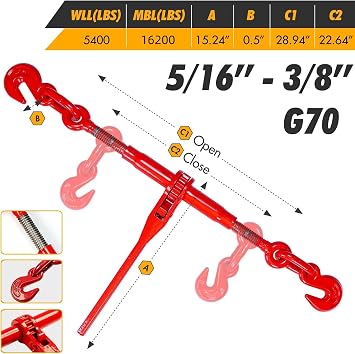Chain Binder Kit 5/16in -3/8in Grade 70 and 5/1610ft Chains Includes Ratchet Load Binders lbs Working Strength (2) Binders and (2) G70 5/16in Chains for Industrial Agricultural Towing Applications
