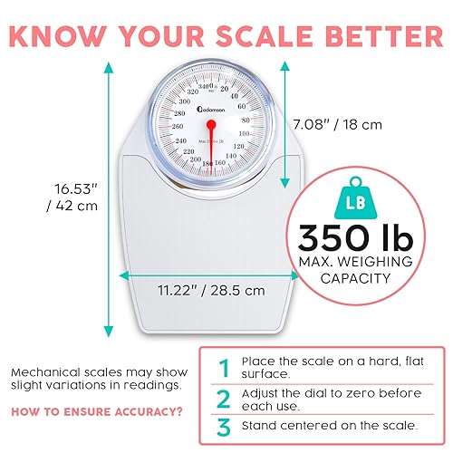 Miniatura 3 de Adamson Báscula A24 para peso corporal, hasta 350 libras, superficie de goma antideslizante, números extra grandes, báscula de baño analógica de