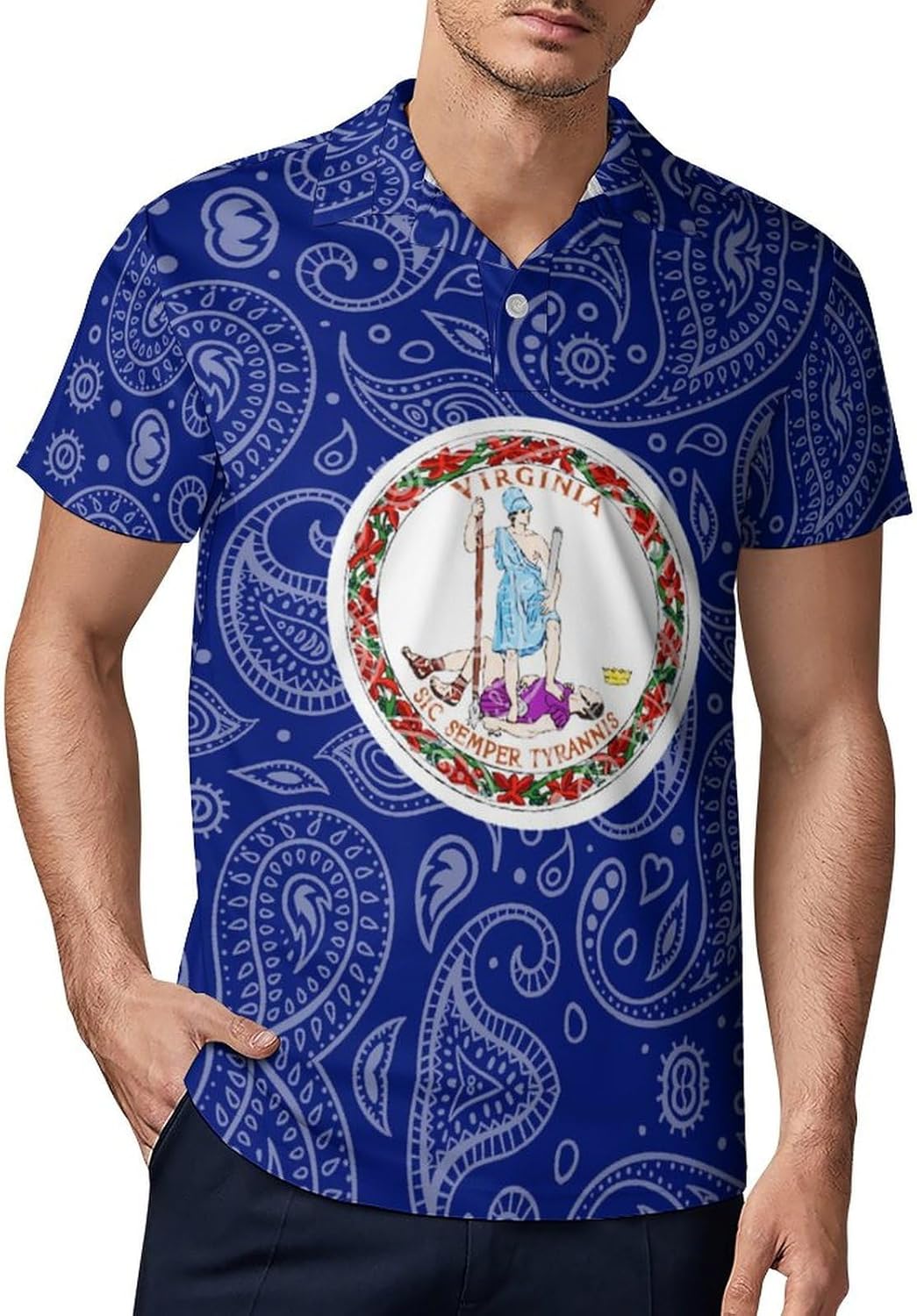 Virginia State Flag Paisley Pattern Novelty Men's Short Sleeve Shirt Golf Tennis Shirts Work T-Shirt Sport Tee