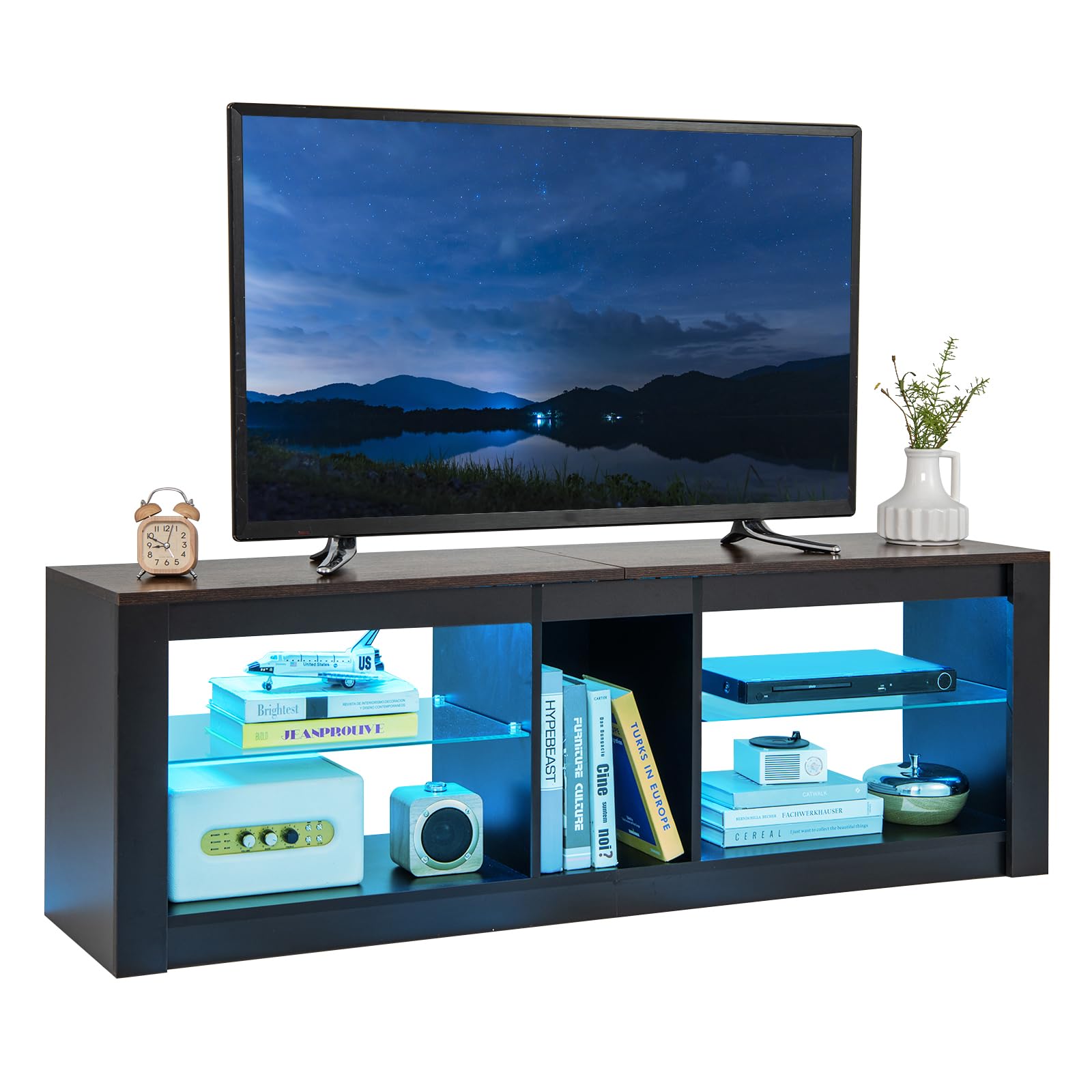 CASART LED TV Cabinet for 65 inch TVs, 140cm Entertainment Center TV Unit with Adjustable Glass Shelves & 20 RGB Light Colors, Modern Media TV Console Table for Living Room Bedroom