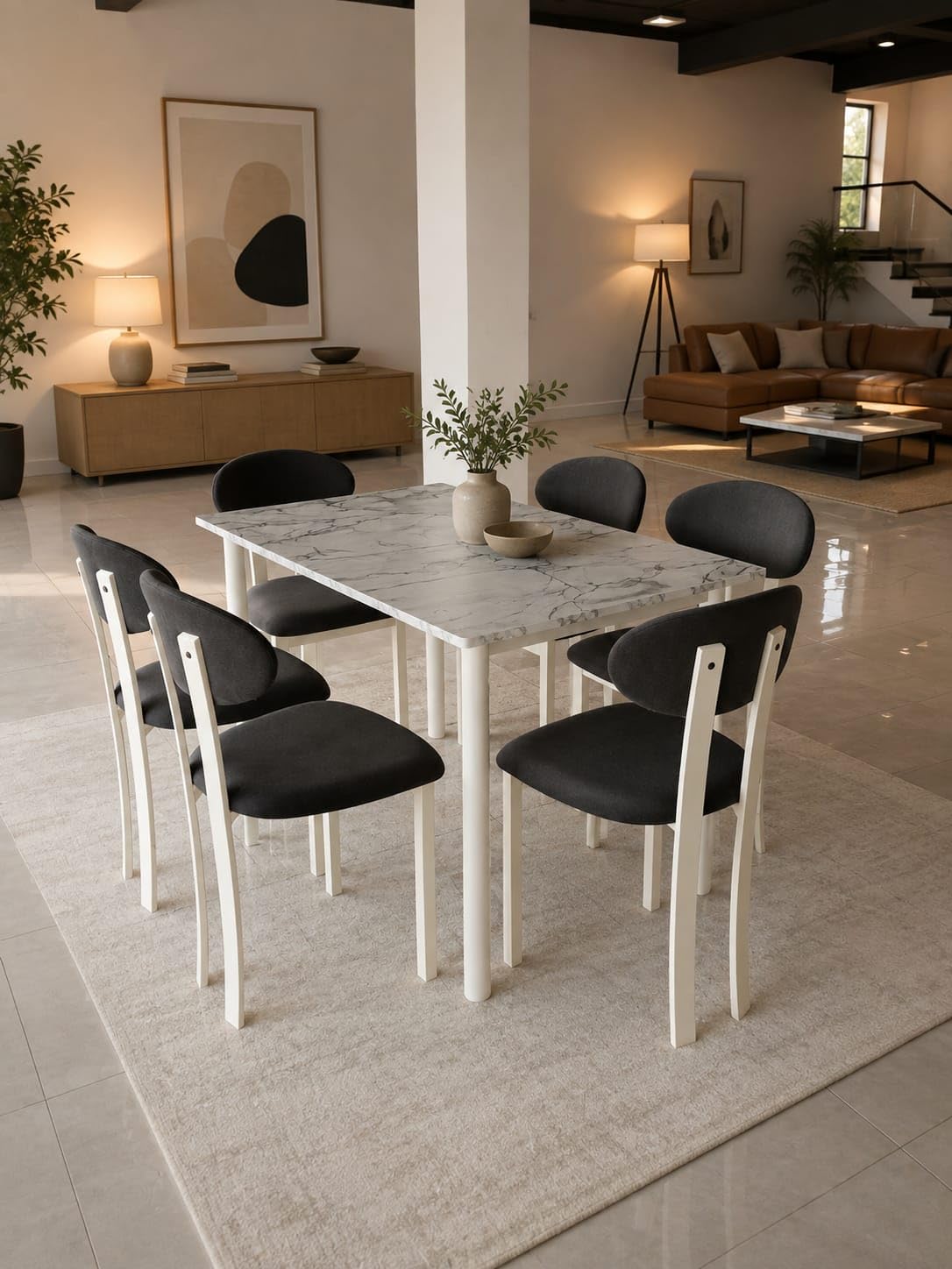 Premium 6 Seater Dining Table Set with 6 Chairs |Powder Coated Metal Frame, Engineered Wood Marble Finish Top & Cushioned Upholstered Seating| 57x35x30 Inch Rectangular Dining for Home & Kitchen |Grey-picture-15