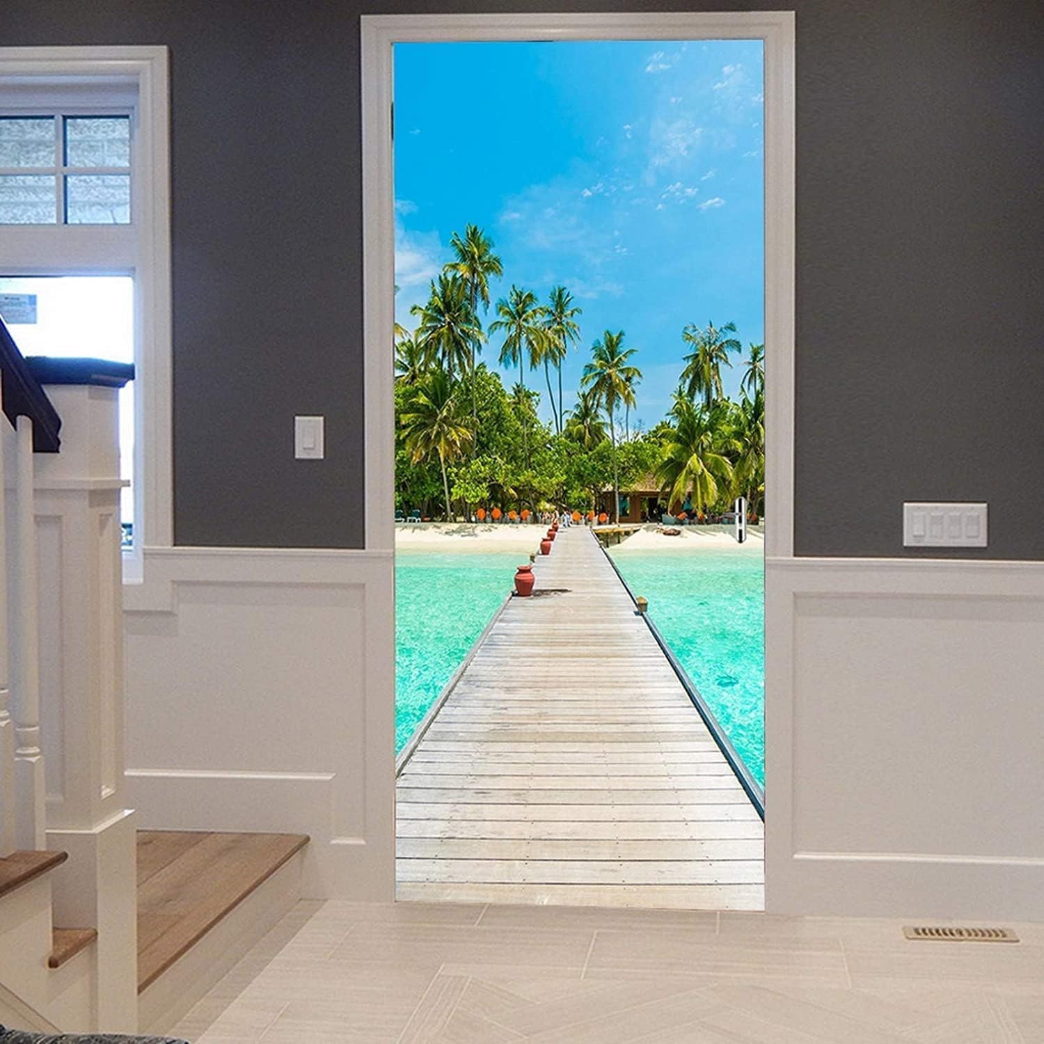 Sticker Porte Vue Sur Océan, Stickers Porte Trompe L'oeil Palmier Autocollant Poster Auto-Adhésif Art Décor Pour Chambre Salon Salle de Bain Papier Peint 95x215 cm 4426z
