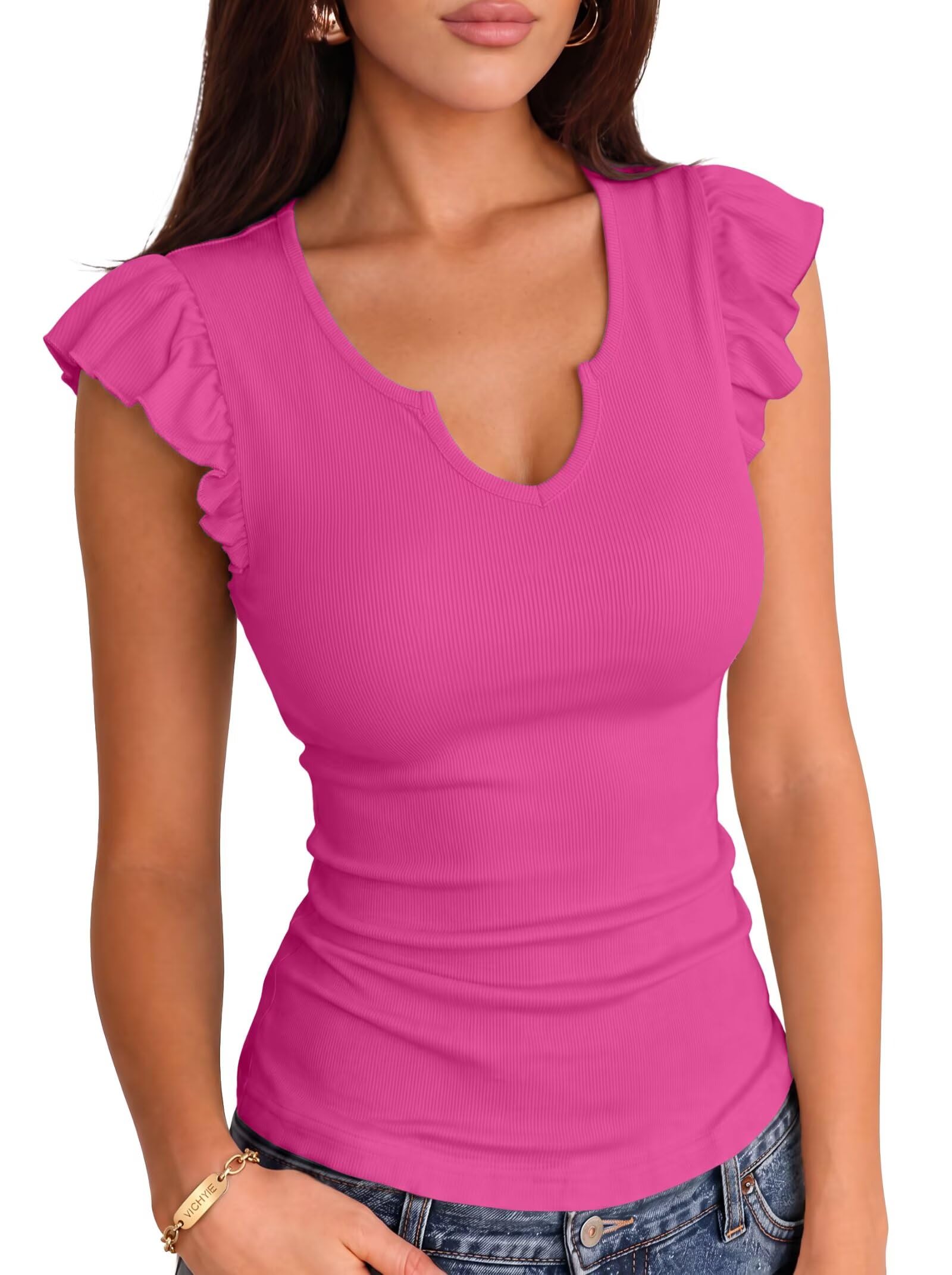 VICHYIE Summer Women Ruffle Cap Sleeve Pretty Fitted Shirt