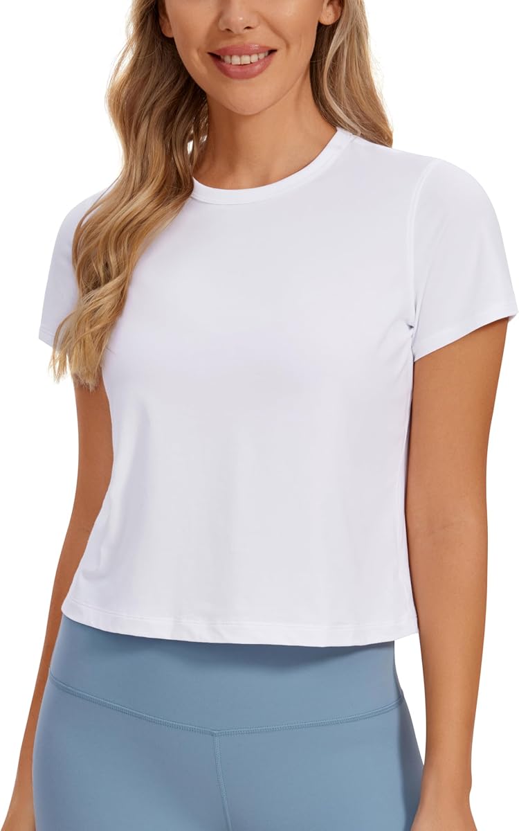 Pima Cotton High Neck T-Shirt | Workout, Naturally Soft, Classic Fit, Waist Length, Ribbed Neck and Cuffs, Short Sleeve Tops for Women