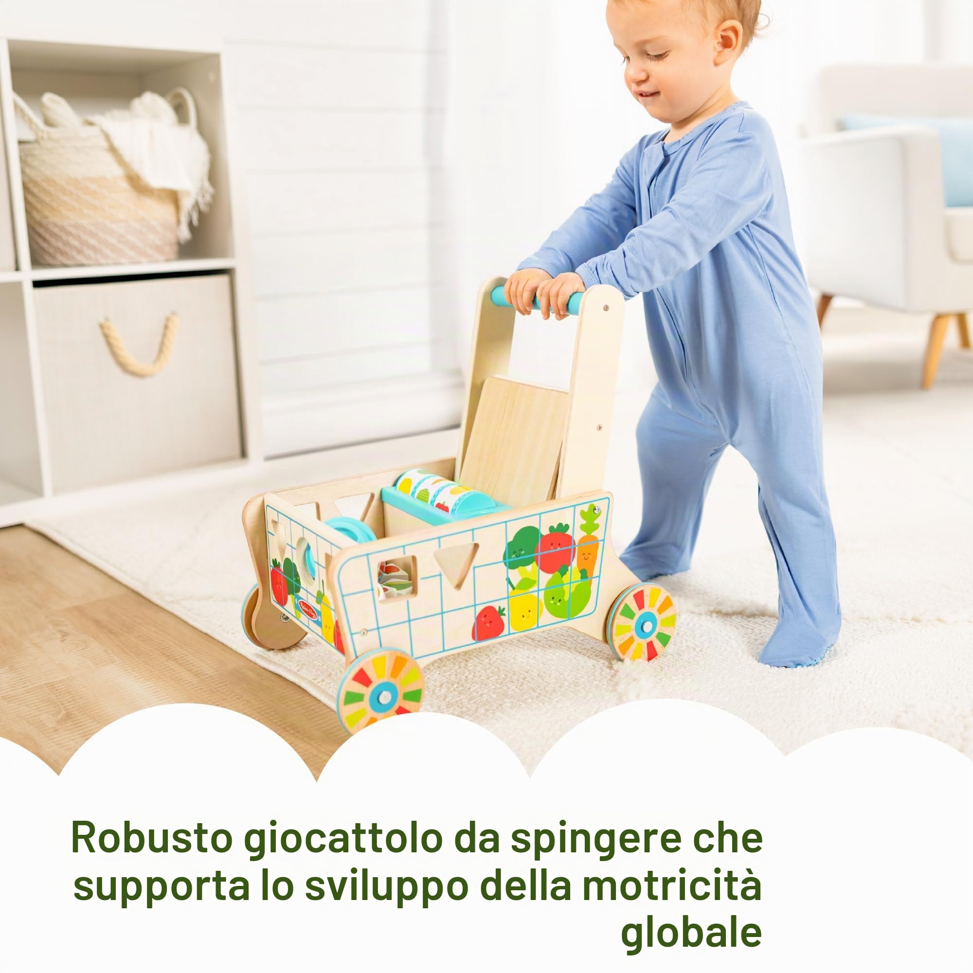 Melissa & Doug - Carrello della spesa giocattolo in legno per ordinare le forme con puzzle, Giochi in legno, Giocattoli per lo sviluppo, 12 mesi, Regalo per bambino e bambina - Certificati FSC