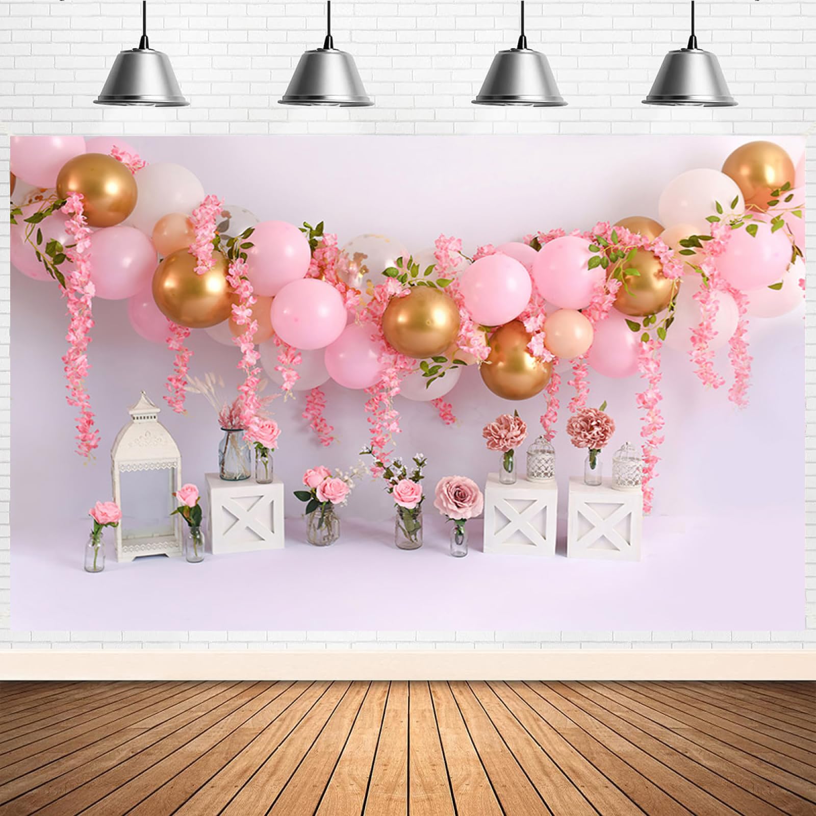 Rosa Gold Ballon Mädchen Fotohintergrund – 210x150 Cm, Vinyl, Für 1. Geburtstag & Babyparty