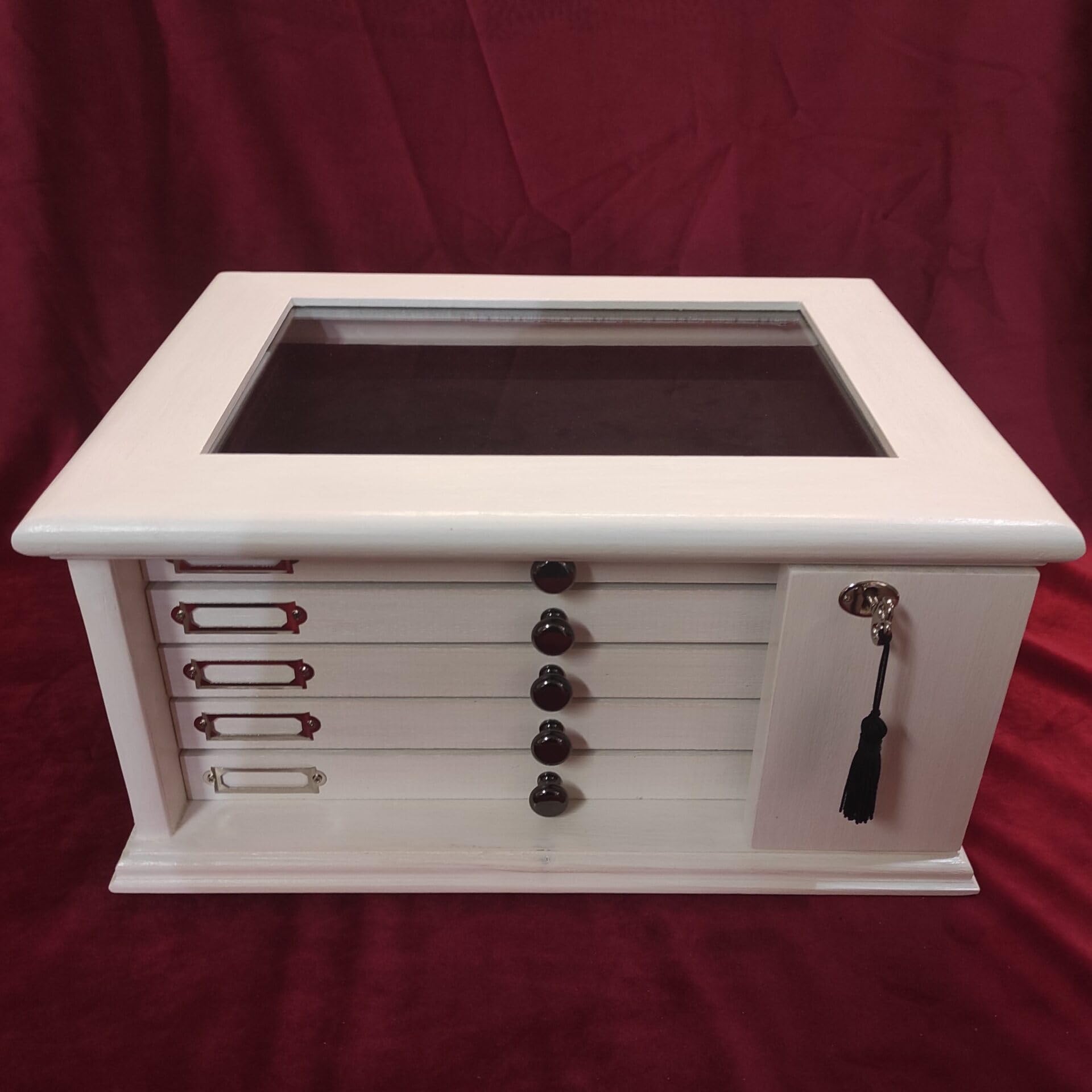 Monetario de Madera con 5 cajones para Monedas y medallas, Interior de Terciopelo, pomos de latón, Personalizable con Grabado láser, Hecho a Mano en Italia