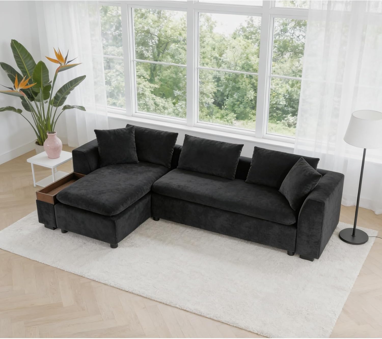 93.7" L-Shaped Sectional Sofa with Storage Chaise, Modern Couch for Living Room, Chenille Upholstered Couch with Deep Seats & Throw Pillows, Modern Corner Sofa for Living Room, Black