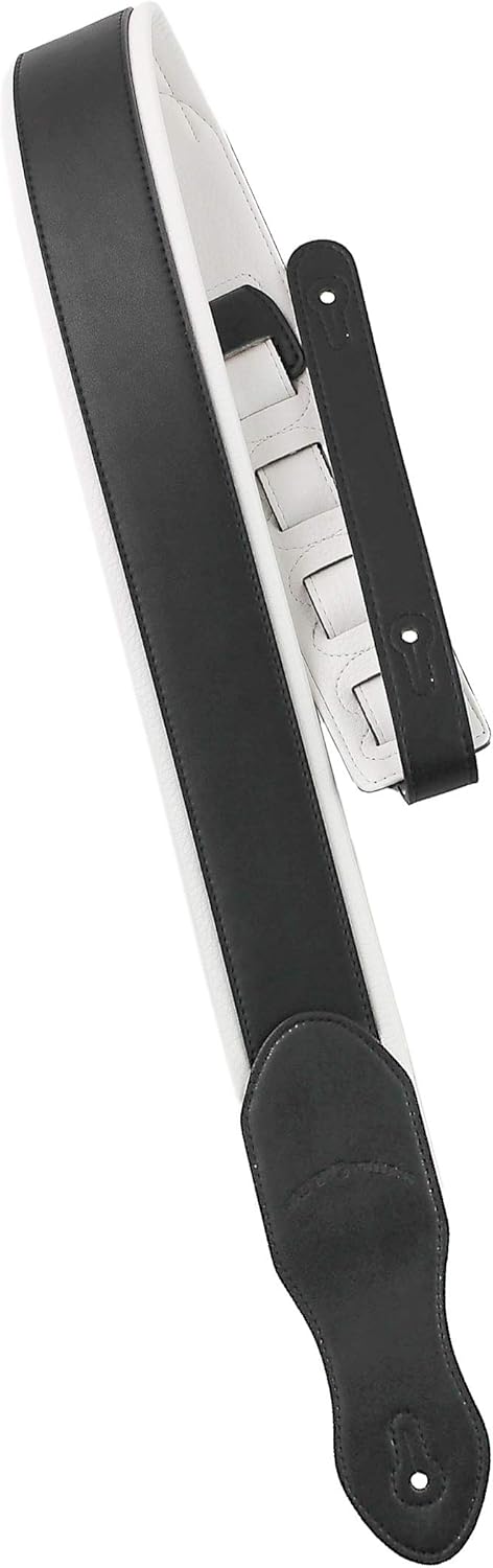 Walker & Williams G-04-B/W Soft Matte Black Top Handmade Guitar Strap With Arctic White Padded Glove Leather Back For Acoustic, Electric, And Bass Guitars