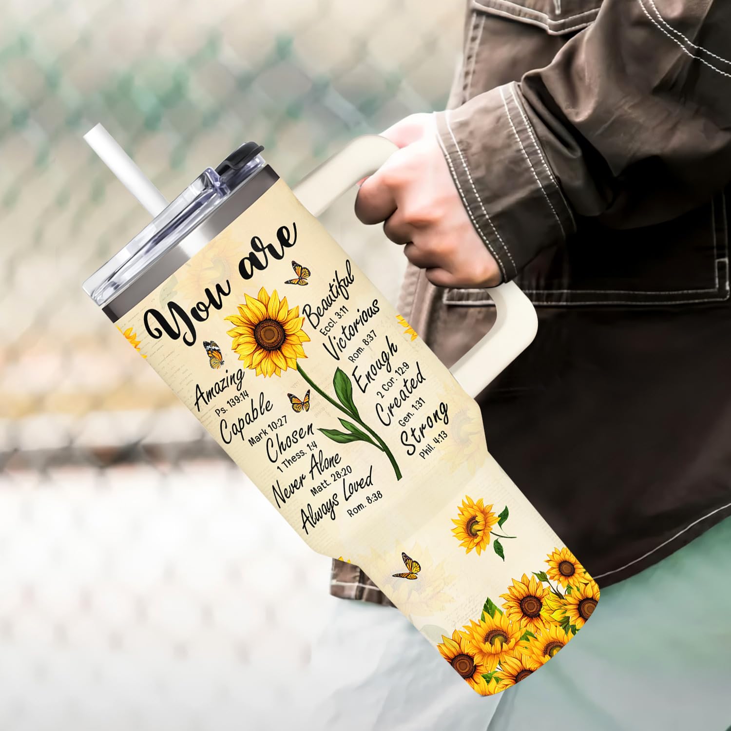 Sunflower Gifts for Women - Christian, Religious Gifts for Women - Encouragement Gift for Woman on Birthday, Mothers Day, Christmas - Sunflower Tumbler 40 oz with Handle & Straw