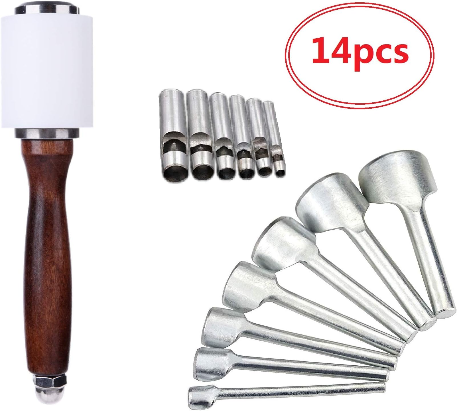 14pcs Leather Working Tools Saddle Making Tools DIY Leather Craft - Wooden Nylon Hammer Leather of Half-Round Cutter 10-40mm of Leather Hole Punch Cutter 3mm-8mm Leather Working Tools