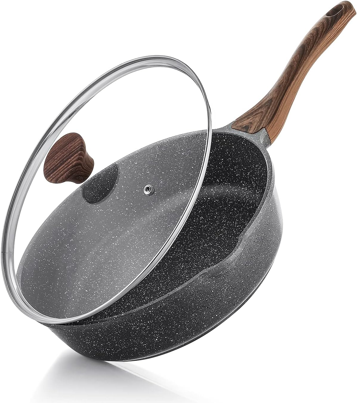 Nonstick Deep Frying Pan Skillet, 26cm Saute Pan with Lid, Stay-cool Handle, Chef Pan Healthy Stone Cookware Cooking Pan, Induction Compatible