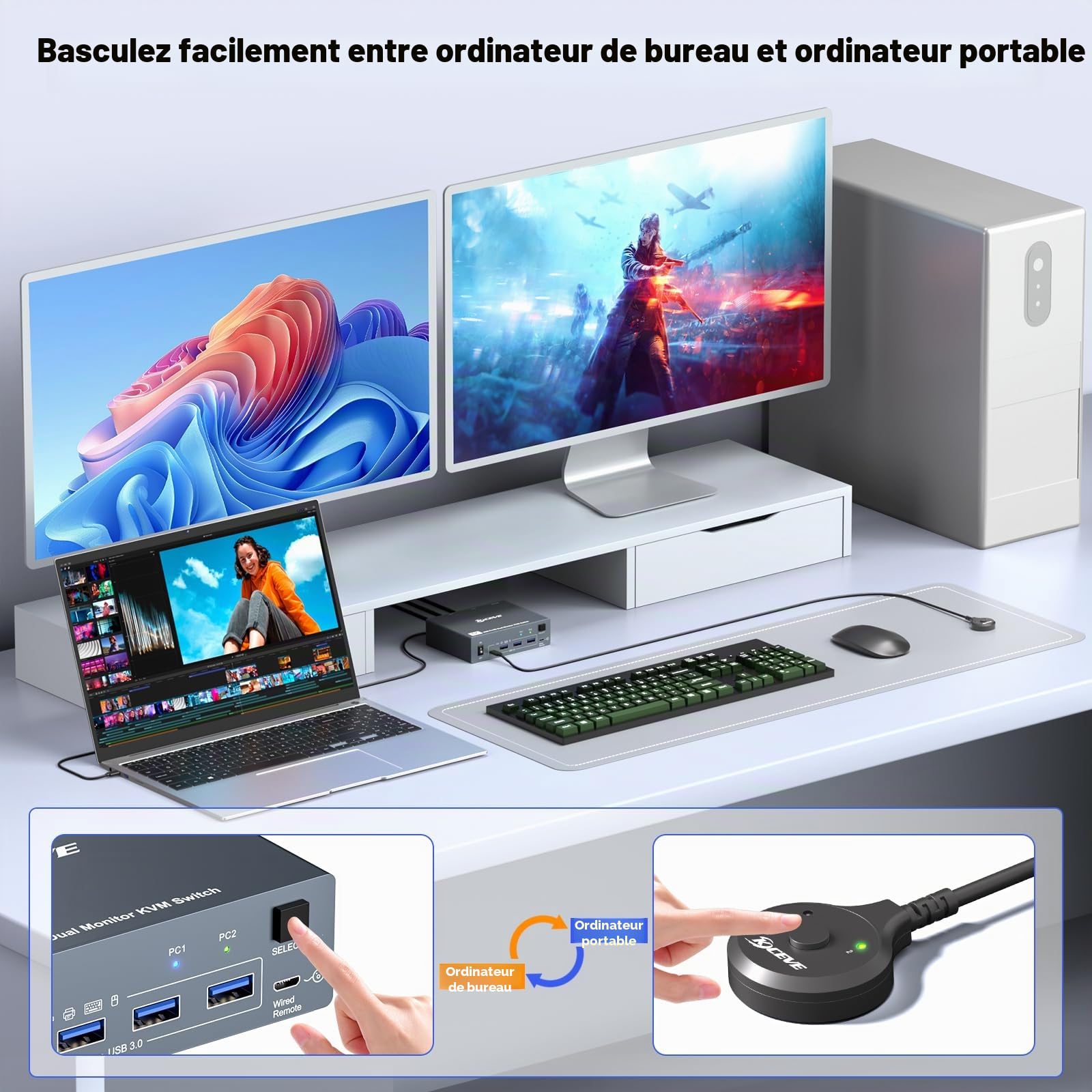 KVM Switch 2 Moniteurs 1 Bureau 1 Ordinateur Portable 4K@60Hz,Station d'accueil de Commutateur KVM à Double Moniteur 7 en 1, Expand 2 écrans HDMI, 4xUSB 3.0, PD 80W, Câble USB-C Inclus