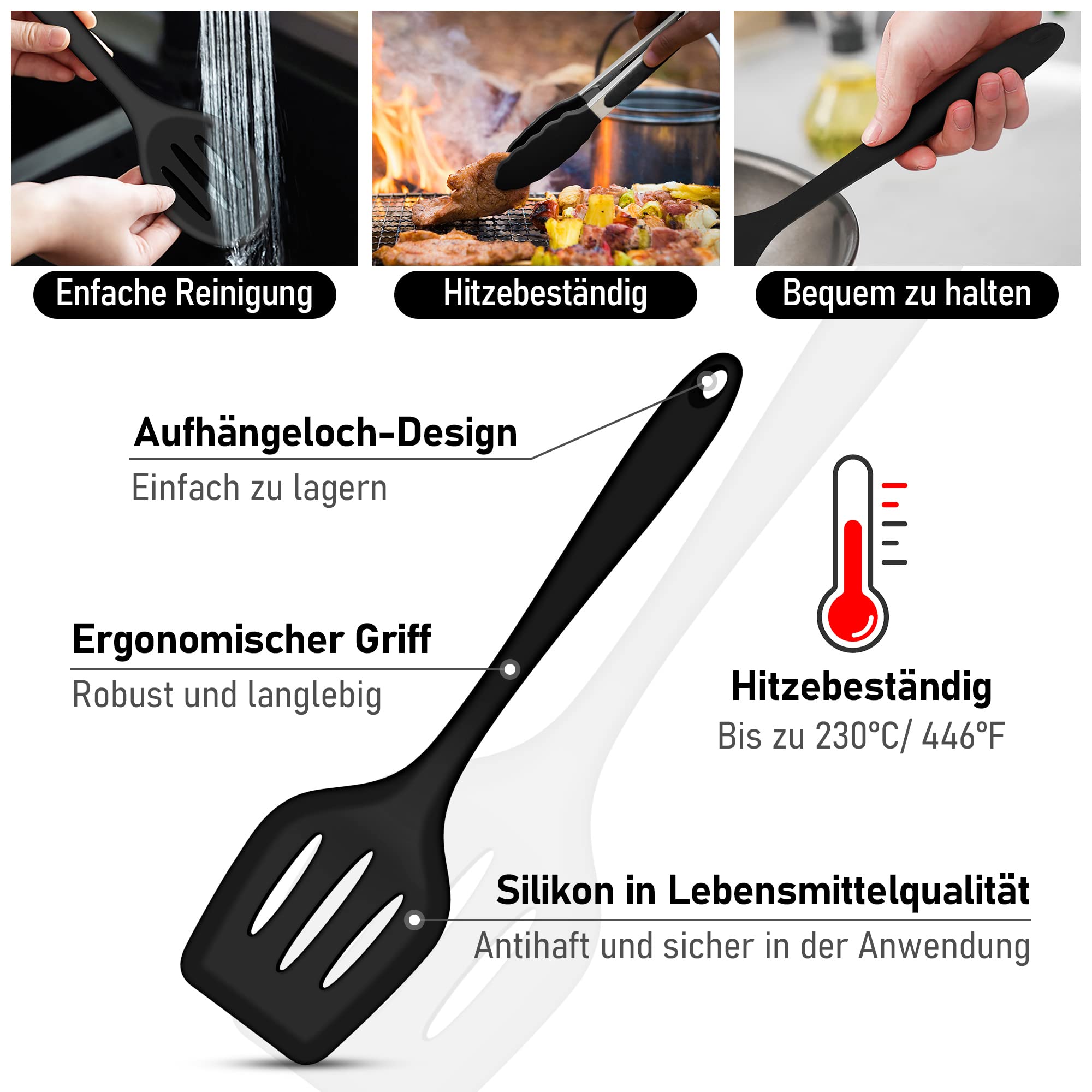 Küchenhelfer Set, Joyfair 9 Stück Schwarz Küchenutensilien Silikon, Hitzebeständiges Kochutensilien Kochgeschirr Set mit Pfannenwender Schneebesen Grillzange, Antihaft Kochbesteck zum Kochen & Backen