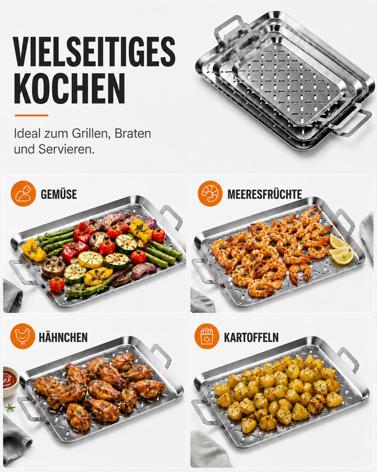 3-teiliges Set Grillpfannen aus 430 Edelstahl, gelochte Grillplatten mit Griffen für Gemüse, Fisch & Beilagen, spülmaschinengeeignet und stapelbar, passend für alle Grills
