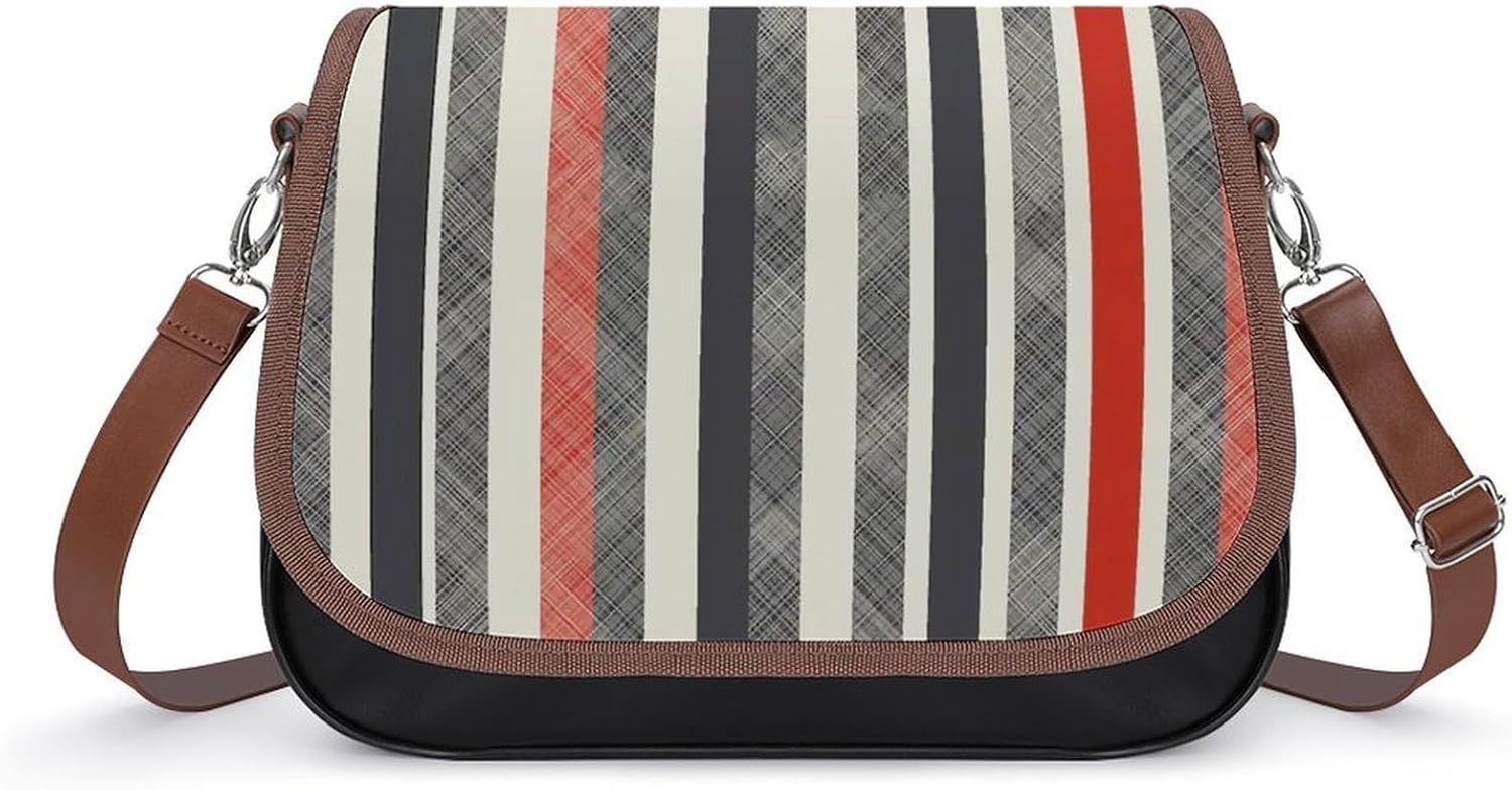 Abstract Striped Geometric with Tartan DesignWomen's Faux Leather Crossbody Bag, Waterproof Wrinkle-Resistant Shoulder Bag with Detachable Strap, Large Capacity Casual Handbag, Fashion Daily Purse for