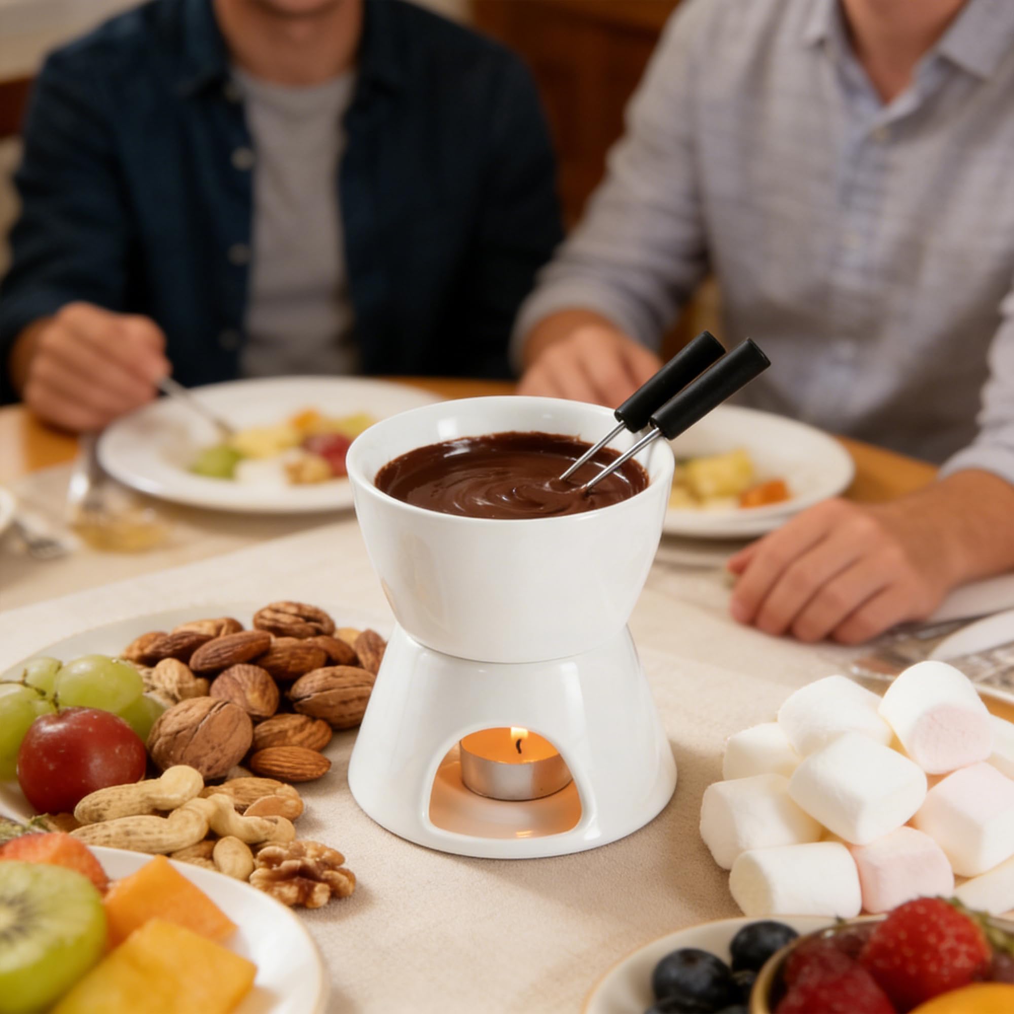 Set de Fondue de Queso y Chocolate, Set Completo de Fondue de Queso con Vela y 4 Tenedores, Mini Fondue Pot Taza de Fondue de Chocolate de Porcelana, para Casa,Blanco