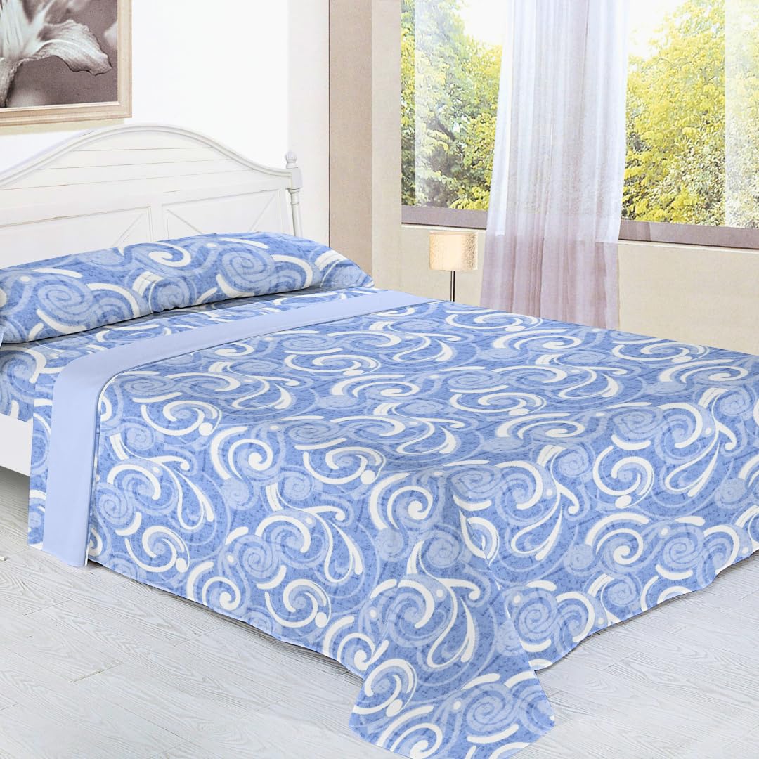 KUMY Juego de Sábanas Coralina Perchado Doble Cara para Invierno -Extra Suave, Ajustable, Diseño Estampado- 3 Piezas (Ondas Serenas, Cama 90)