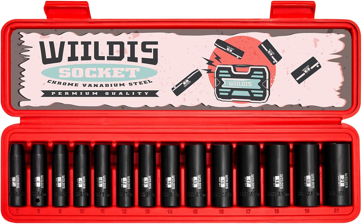 WIILDIS 14 Pieces 3/8-Inch Drive Deep Impact Socket Set, 7mm to 21mm, CR-V, Metric, 6-Point, 14 Pieces 3/8" Dr. Socket