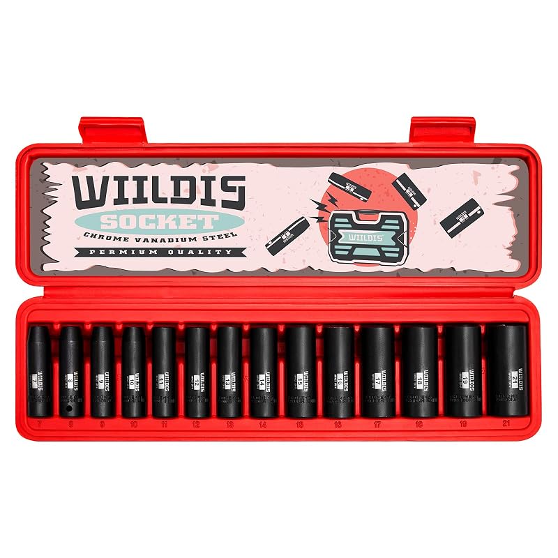 Jogo de soquetes de impacto longos WIILDIS, acionamento de 9,5 mm (3/8 pol.), 7 a 21 mm, CR-V, 6 pontos, 14 peças