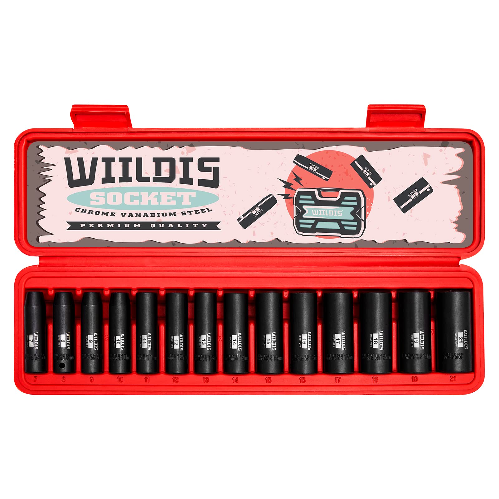 14 Pieces 3/8-Inch Drive Deep Impact Socket Set, 7mm to 21mm, CR-V, Metric, 6-Point, 14 Pieces 3/8" Dr. Socket