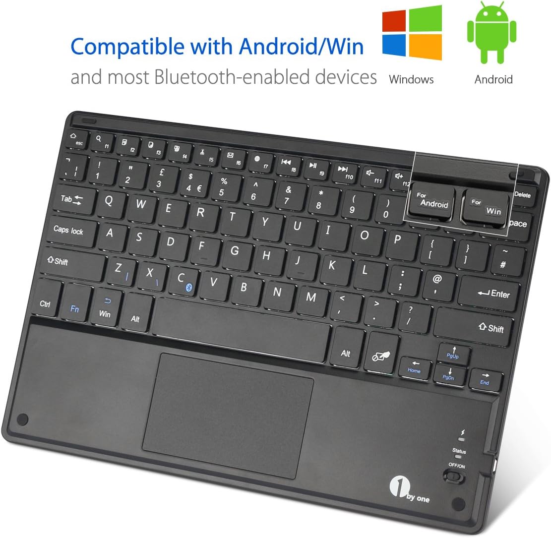 1byone Ultra-Slim Wireless Keyboard with Built-in Multi-Touch Touchpad and Rechargeable Battery for Android and Windows, Black