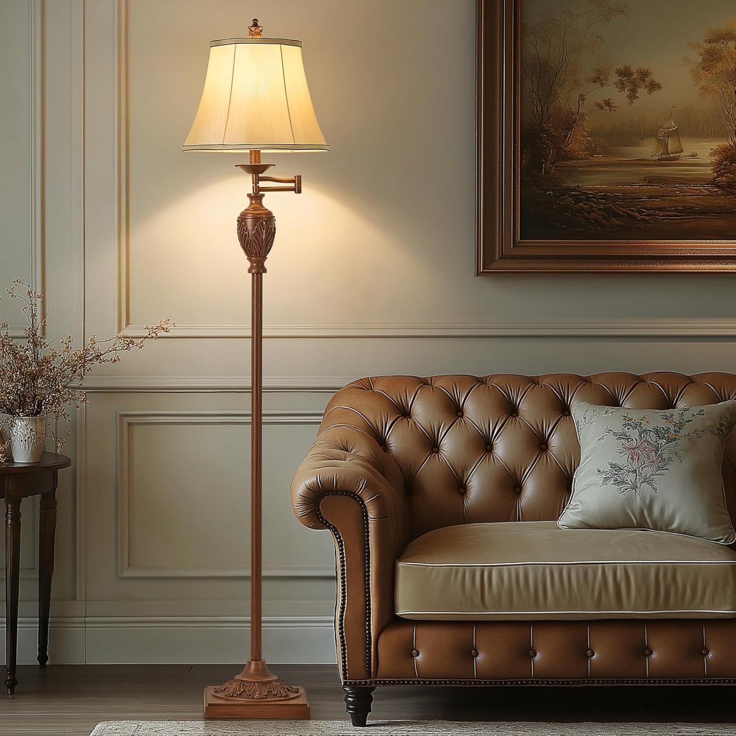 Traditional LED Floor Lamp with 350° Adjustable Swing Arm Lamp – Vintage Standing Pole lamp for Living Room, Bedroom and Office – Rustic Upright Floor Light for Home Décor with Faux Silk Fabric Shade