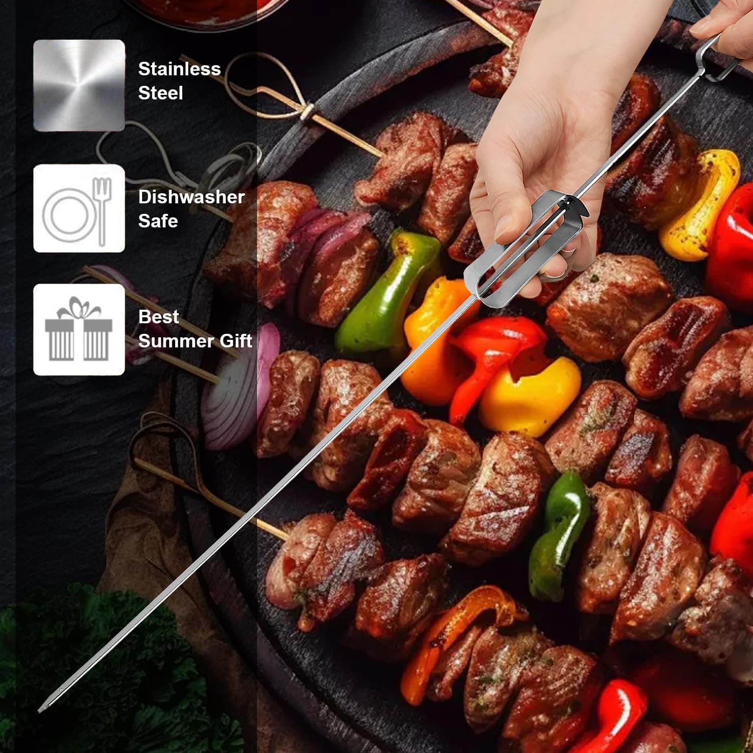 Spiedini per barbecue, in acciaio inossidabile 304 di alta qualità, 38 cm, resistenti bastoncini per kebab per grigliare, riutilizzabili e lavabili in lavastoviglie (10 forchette)