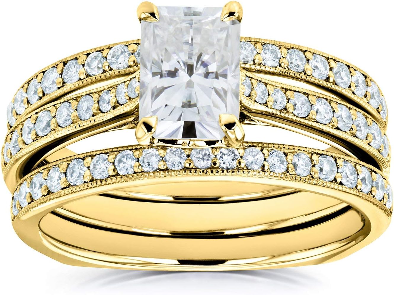 Kobelli Radiant Moissanite Square Shank Trellis 3-Piece Bridal Rings Set 1 4/5 TCW 14k Yellow Gold