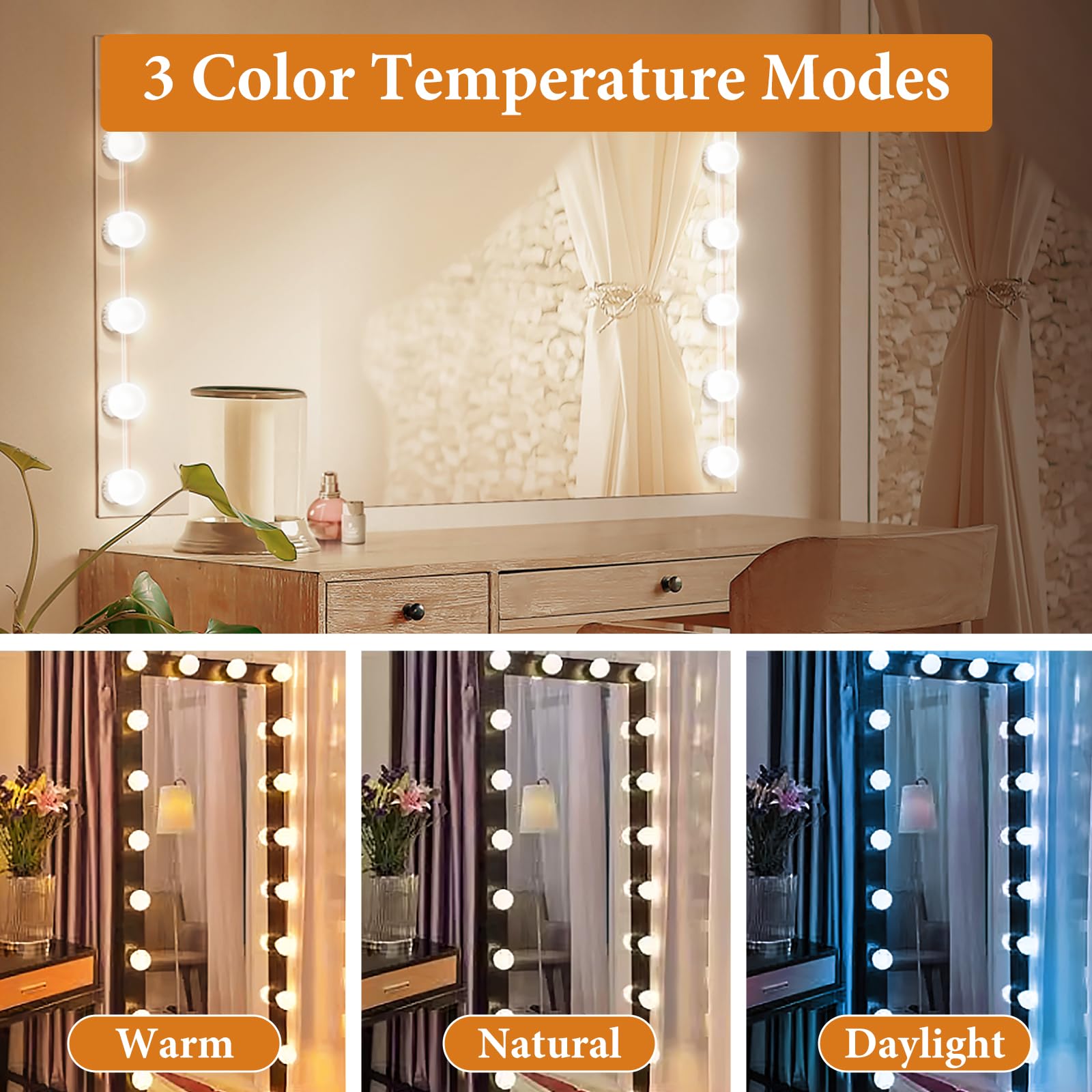 OSDUE Luces de Espejo Maquillaje, 10 Bombillas Regulables Luces Hollywood, Luz de Tocador Ajustable de 3 Color y 9 Brillo, USB Lámpara de Tocador para Tocador,Baño, Regalo de Cumpleaños para Mujeres